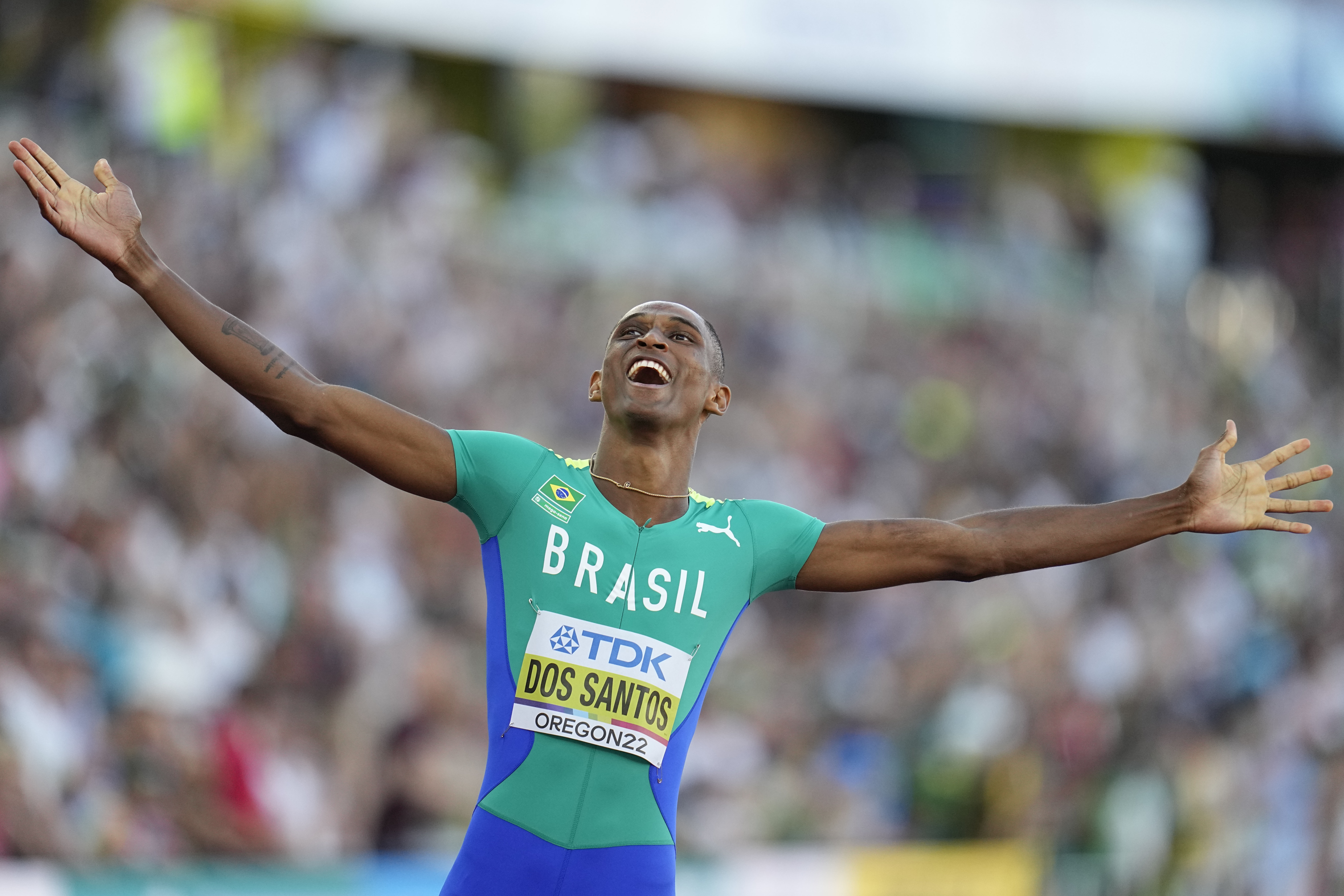 Alison Dos Santos, of Brazil, reacts after winning the men's 400-meter hurdles final run at the World Athletics Championships on Tuesday, July 19, 2022, in Eugene, Ore. 