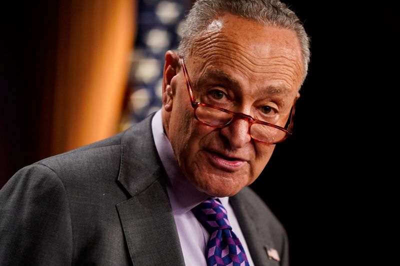 U.S. Senate Majority Leader Chuck Schumer, D-N.Y., speaks to reporters following the Senate Democrats weekly policy lunch at the U.S. Capitol in Washington, Tuesday.