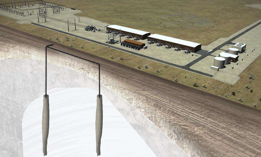 This artist rendering shows what Advanced Clean Energy Storage Developers plan to create using caverns in impermeable salt formations underground in Delta, where they can store hydrogen fuel and sell it to electricity providers. In three years, plans call for mixing the hydrogen with natural gas to provide energy for the nearby Intermountain Power Plant.