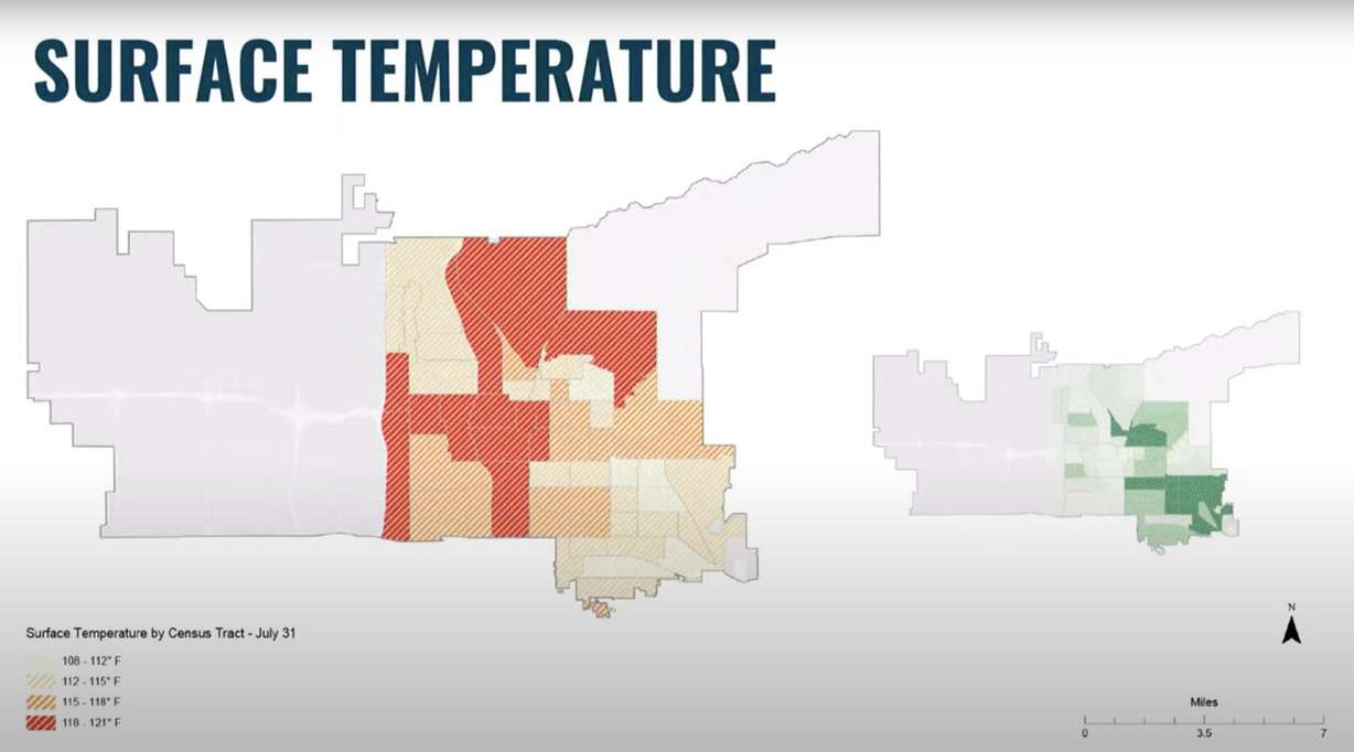 This graphic shows surface temperatures, left, in comparison to urban tree canopy cover, right. Warmer temperatures are expected in areas away from tree canopy cover. The gray areas on the maps are areas away from neighborhood planning zones.
