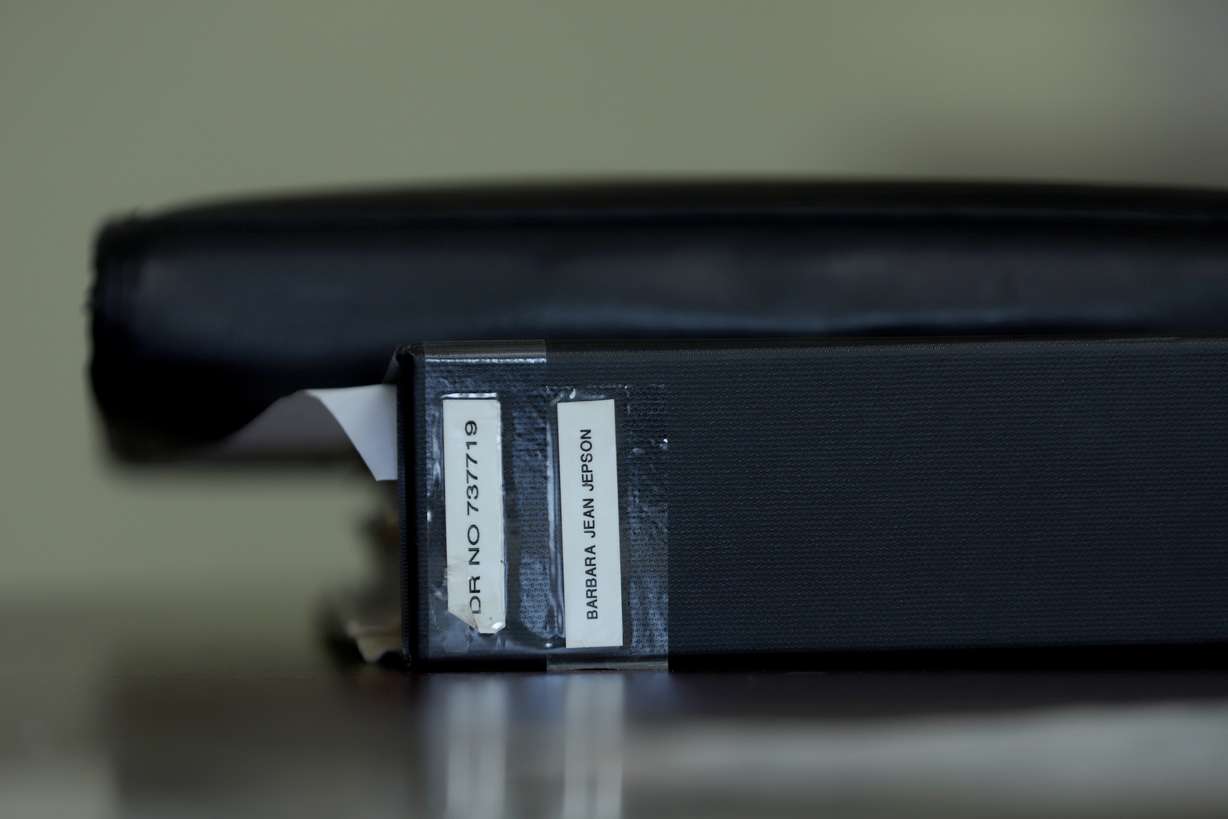 The large evidence file detailing the 1956 murder of Barbara Jepson and her unborn child is pictured on June 2, in Los Angeles. The case remained unsolved until it was handed to Los Angeles police detective Rachel Evans on her first day working as a cold case investigator.