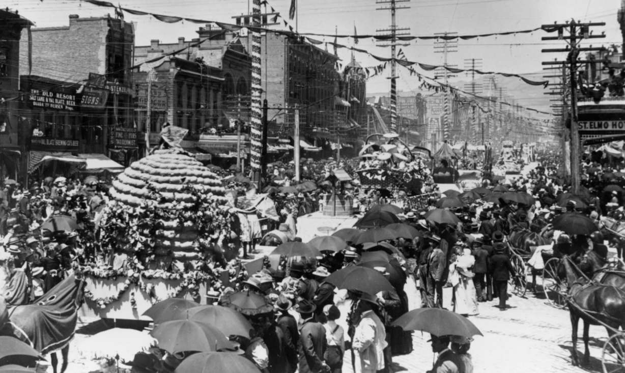 Floats proceed down Salt Lake City during the Pioneer Day celebration on July 24, 1897.