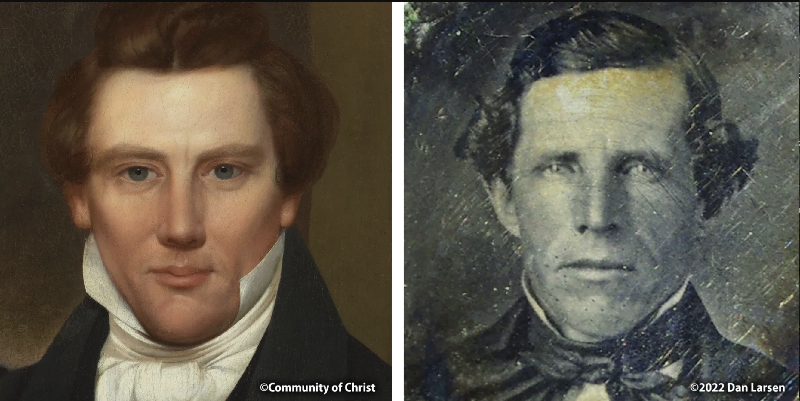 A daguerreotype discovered in a locket is believed by some to be Joseph Smith, the first president and prophet of The Church of Jesus Christ of Latter-day Saints. Here it is compared to an 1842 oil painting of Smith by David Rogers.