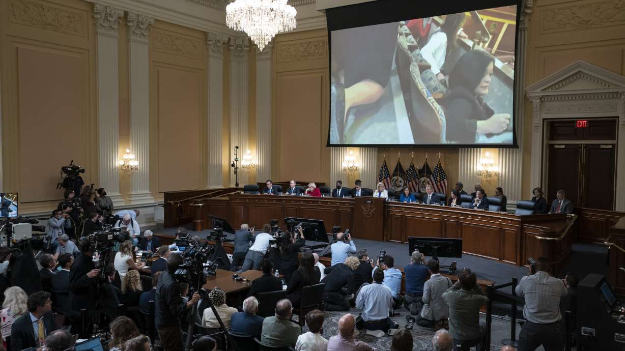A video of Rep. Pramila Jayapal, D-Wash., is shown on a screen, as the House select committee investigating the Jan. 6 attack on the U.S. Capitol holds a hearing at the Capitol in Washington, Thursday.