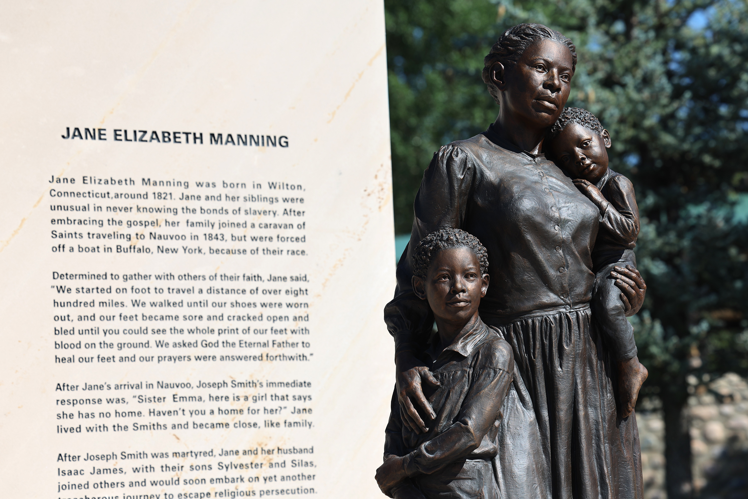 One of the new statues at the monument is of Jane Elizabeth Manning, Thousands attend the dedicatory ceremony of a new Black pioneers monument at This is the Place Heritage Park in Salt Lake City on Friday.