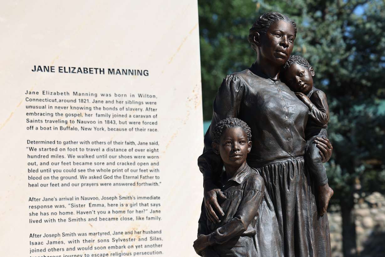 One of the new statues at the monument is of Jane Elizabeth Manning, Thousands attend the dedicatory ceremony of a new Black pioneers monument at This is the Place Heritage Park in Salt Lake City on Friday.