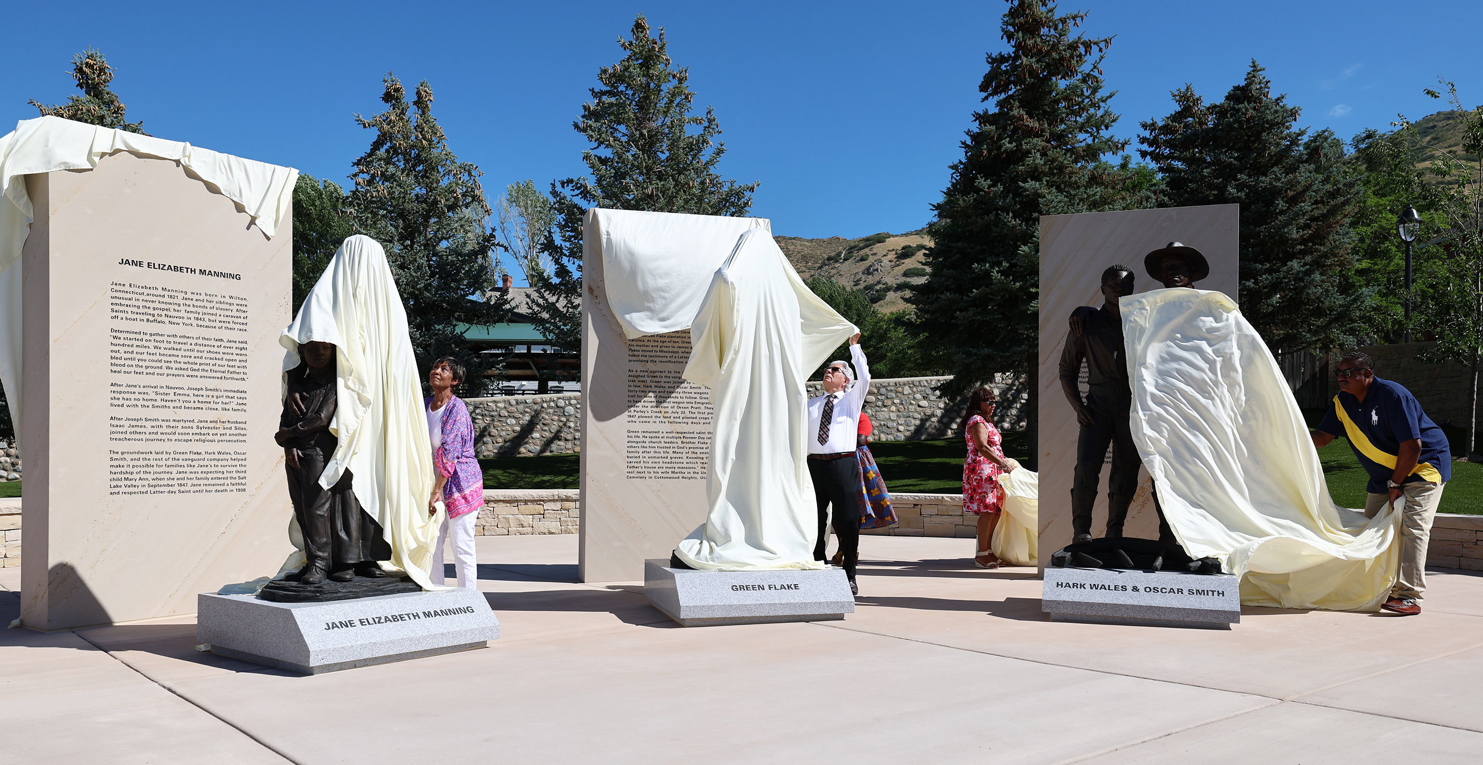 The new black pioneer monument at This is the Place Heritage Park in Salt Lake City is uncovered on Friday.