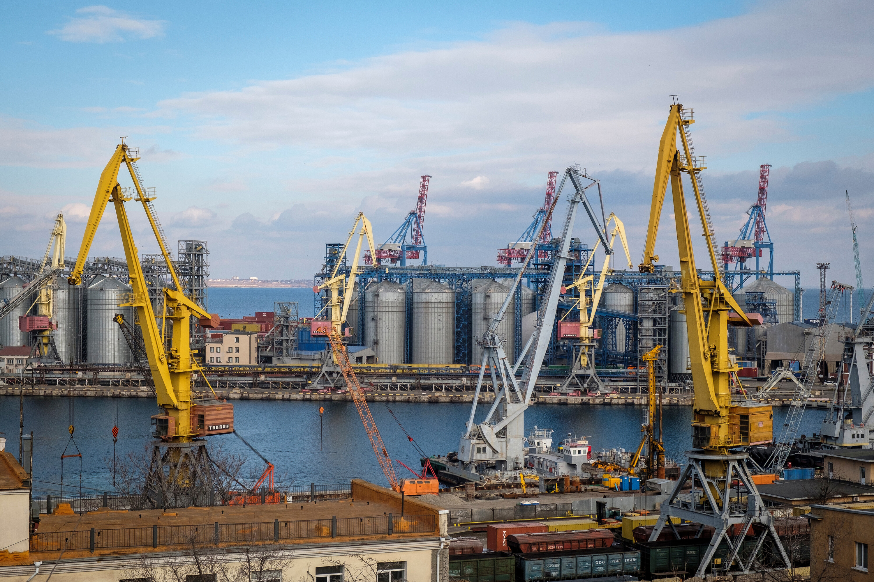 Storage silos and shipping cranes at the Port of Odesa in Odesa, Ukraine, on Saturday.