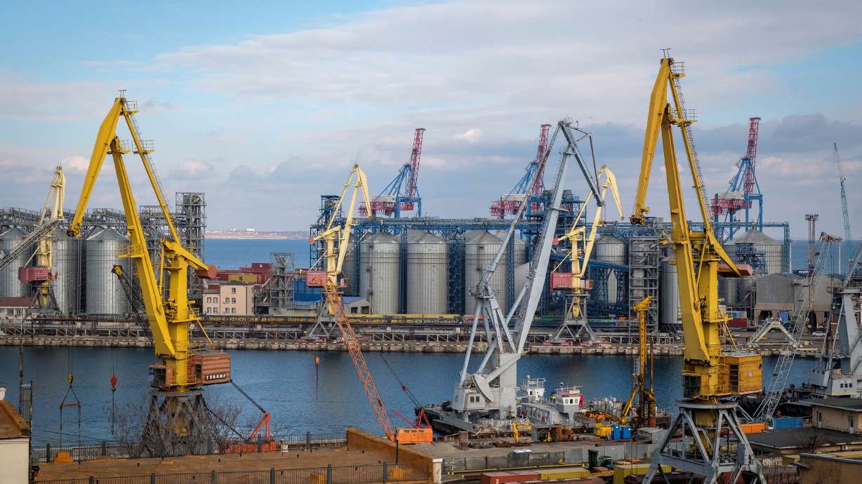 Storage silos and shipping cranes at the Port of Odesa in Odesa, Ukraine, on Saturday.