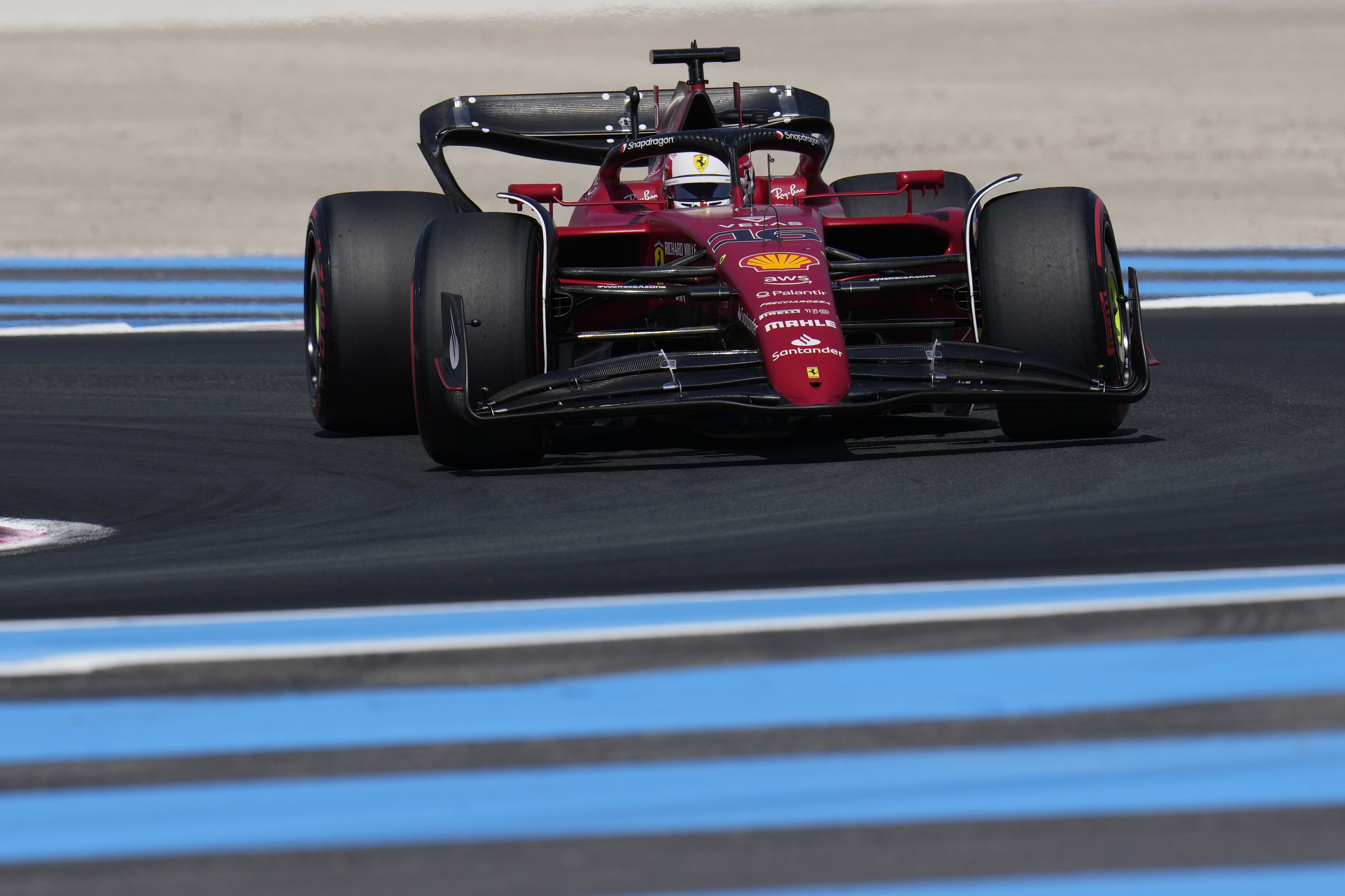 Ferrari driver Charles Leclerc of Monaco steers his car during the qualifying session for the French Formula One Grand Prix at Paul Ricard racetrack in Le Castellet, southern France, Saturday, July 23, 2022. The French Grand Prix will be held on Sunday. 