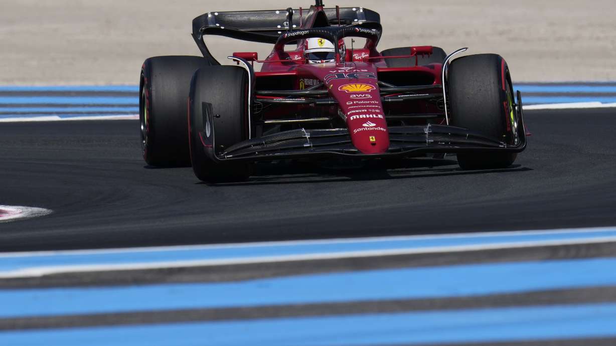 Ferrari driver Charles Leclerc of Monaco steers his car during the qualifying session for the French Formula One Grand Prix at Paul Ricard racetrack in Le Castellet, southern France, Saturday, July 23, 2022. The French Grand Prix will be held on Sunday.