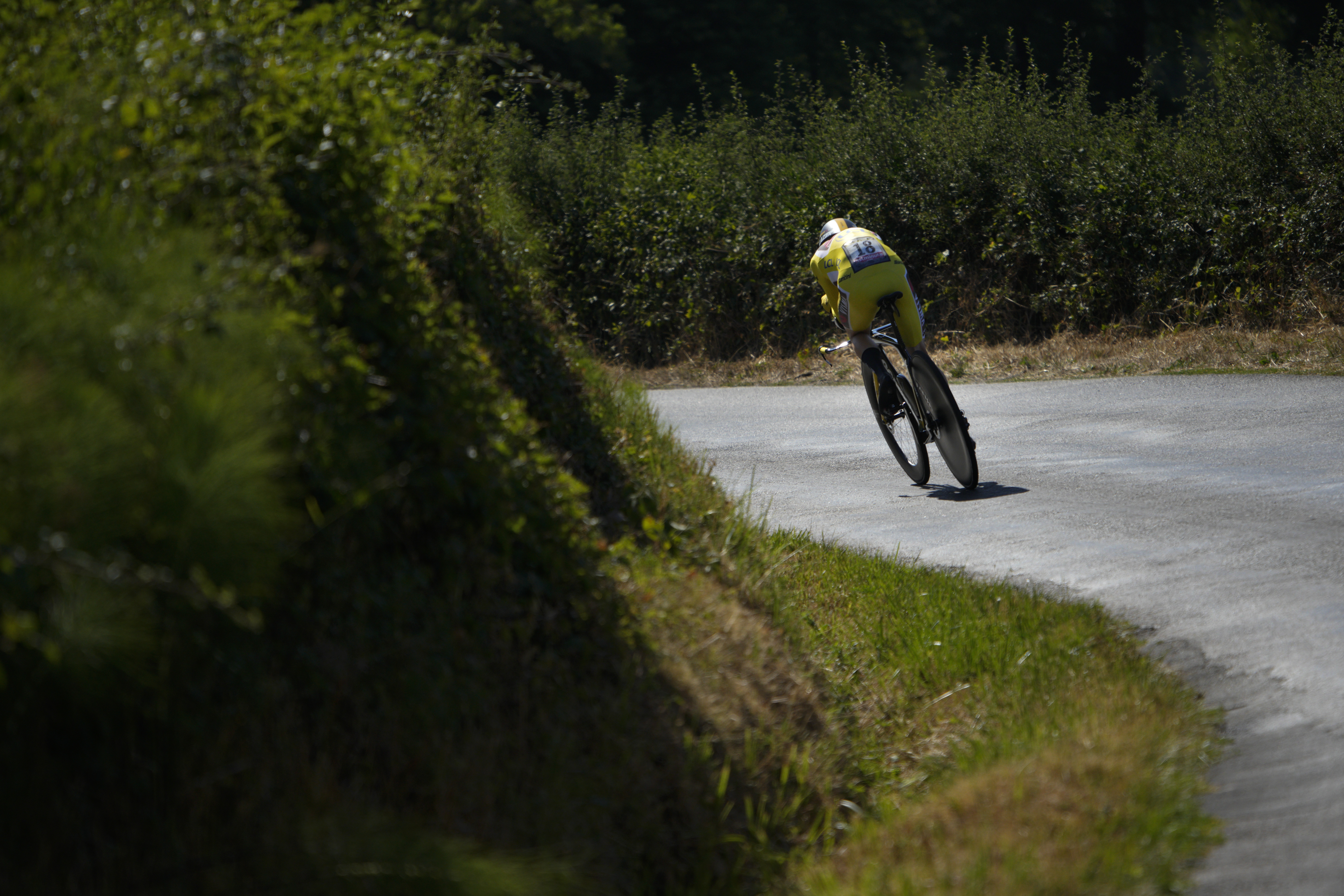 Denmark's Jonas Vingegaard, wearing the overall leader's yellow jersey, competes during the twentieth stage of the Tour de France cycling race, an individual time trial over 40.7 kilometers (25.3 miles) with start in Lacapelle-Marival and finish in Rocamadour, France, Saturday, July 23, 2022. 