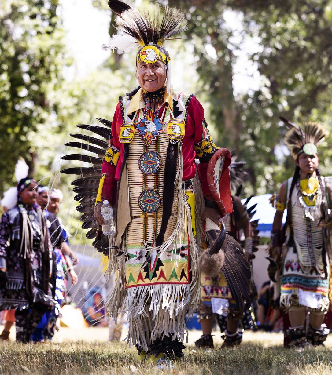 Harvey Spoonhunter of Wind River, Wyoming, participates in an exhibition dance during the 28th Annual Intertribal Powwow in Liberty Park in Salt Lake City on Saturday. Spoonhunter is a member of the Northern Arapaho Tribe.