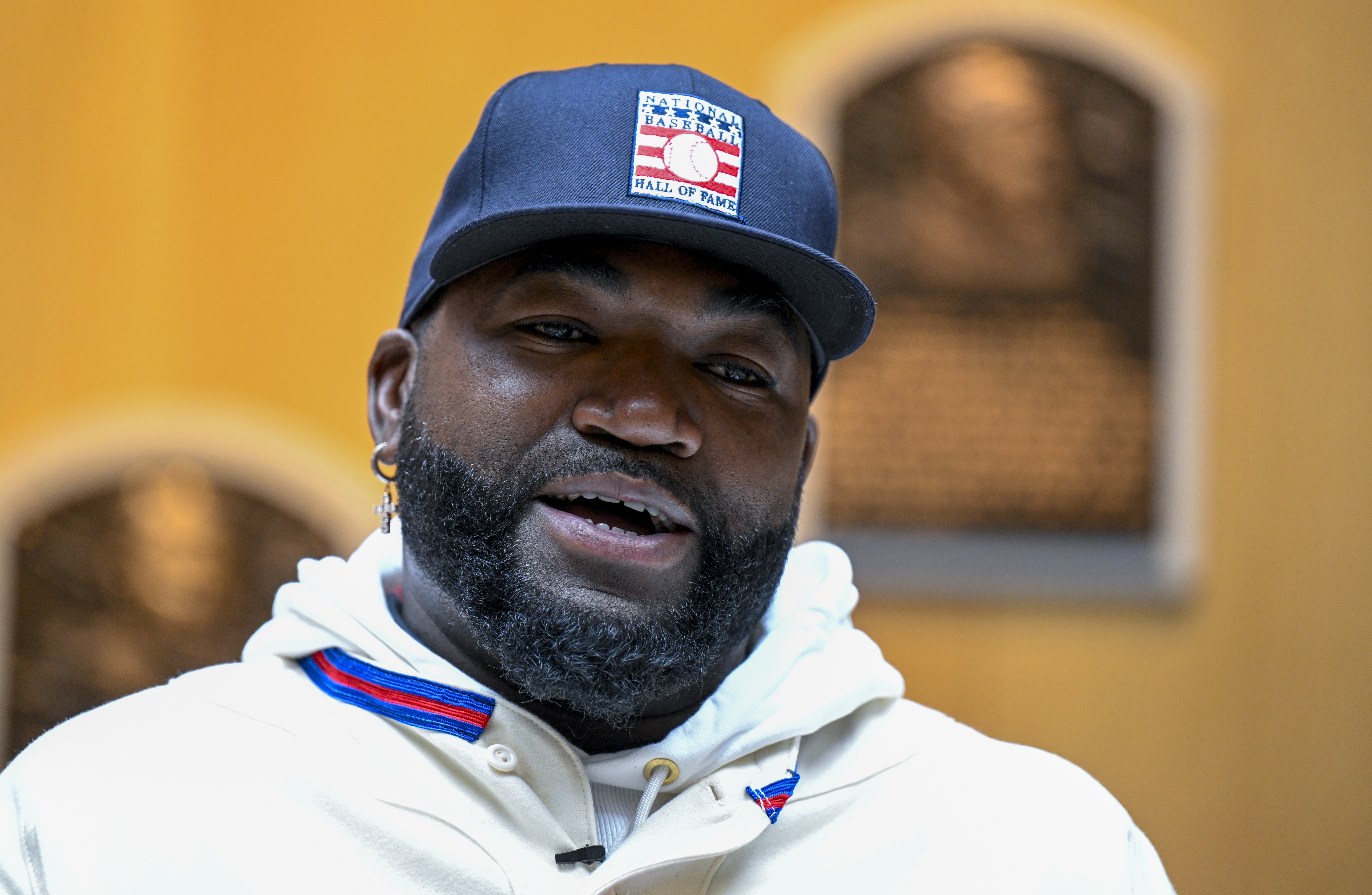 FILE - David Ortiz speaks to reporters during a news conference after his orientation tour of the Baseball Hall of Fame and Museum, Monday, May. 2, 2022, in Cooperstown, N.Y. The former Boston Red Sox player will be inducted into the Baseball Hall of Fame on Sunday, July 24. 