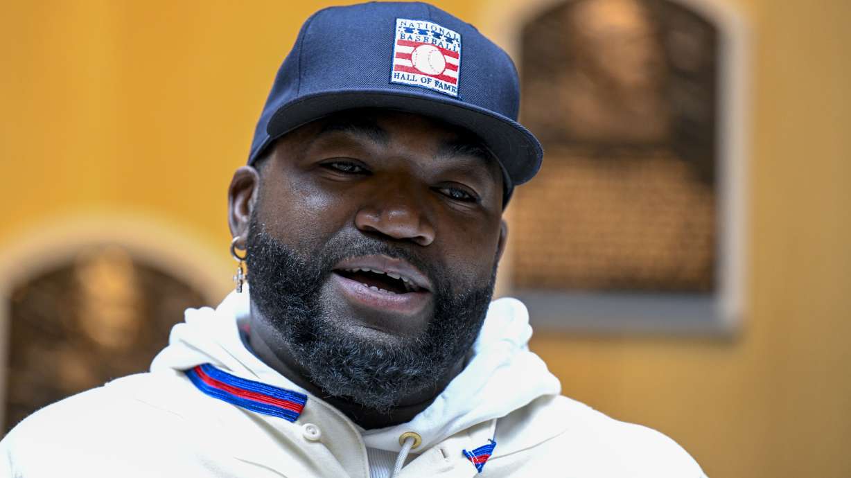 FILE - David Ortiz speaks to reporters during a news conference after his orientation tour of the Baseball Hall of Fame and Museum, Monday, May. 2, 2022, in Cooperstown, N.Y. The former Boston Red Sox player will be inducted into the Baseball Hall of Fame on Sunday, July 24.