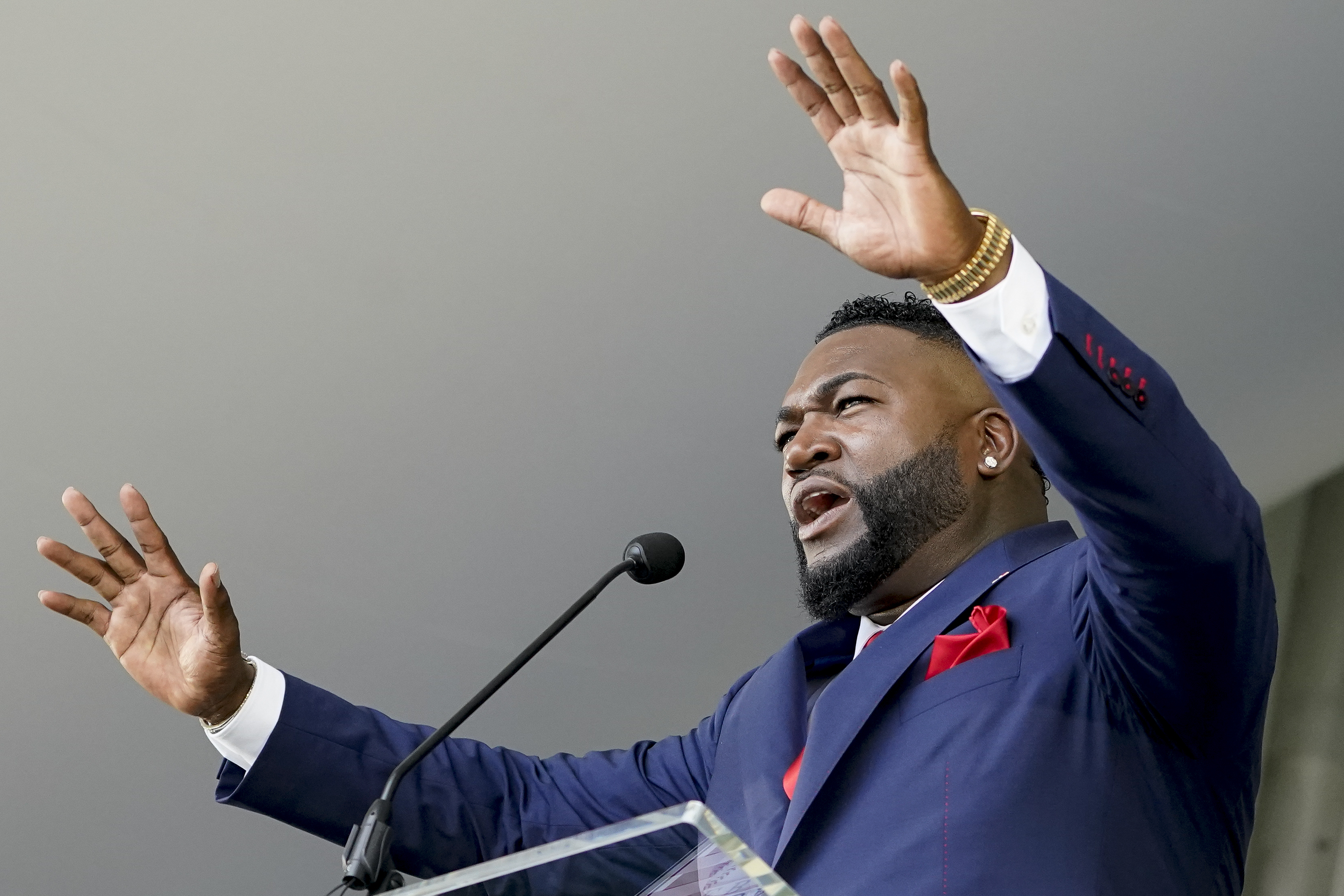 Hall of Fame inductee David Ortiz, formerly of the Boston Red Sox baseball team, speaks during the National Baseball Hall of Fame induction ceremony, Sunday, July 24, 2022, in Cooperstown, N.Y. 