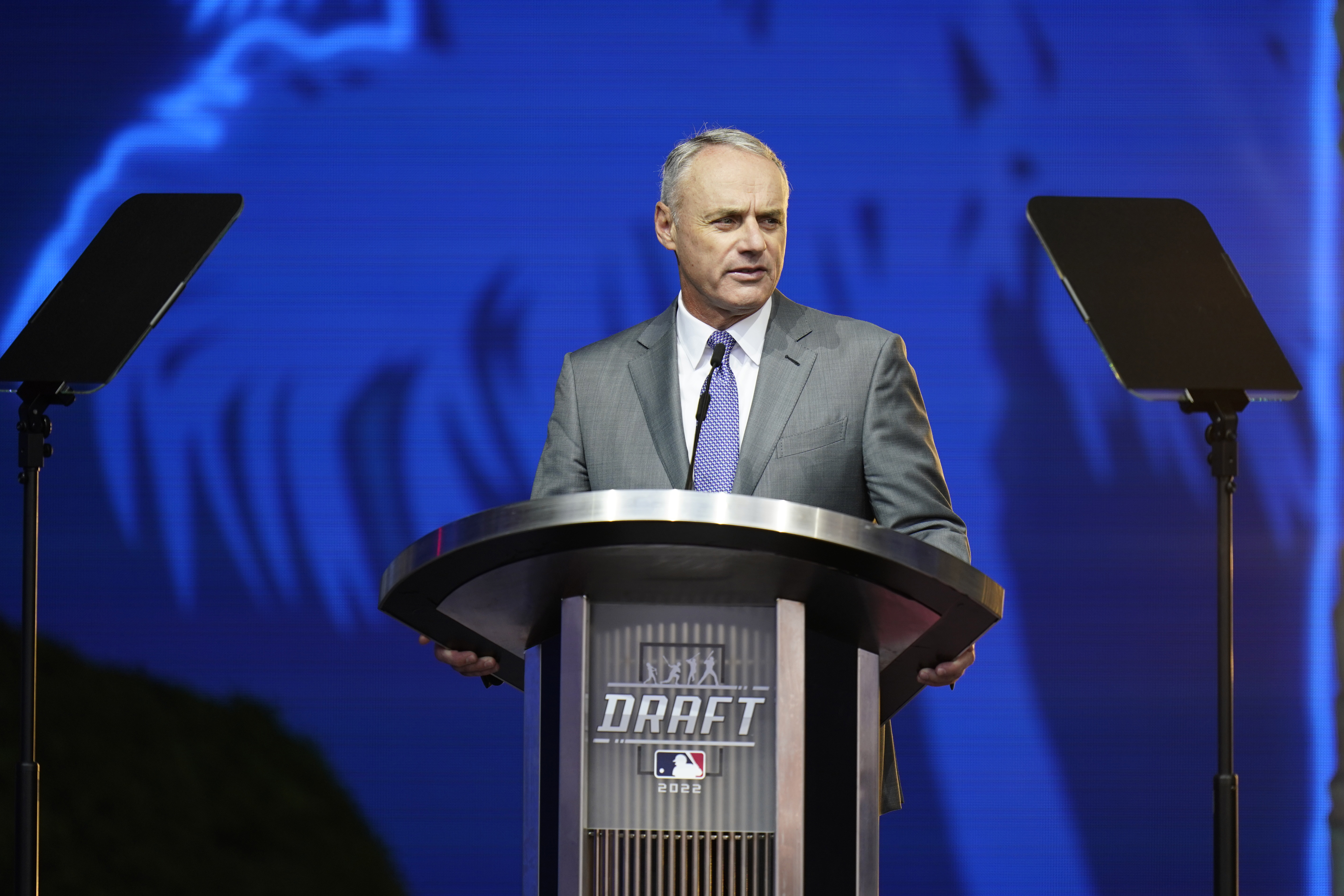 MLB Commissioner Rob Manfred speaks during the 2022 MLB baseball draft, Sunday, July 17, 2022, in Los Angeles. 