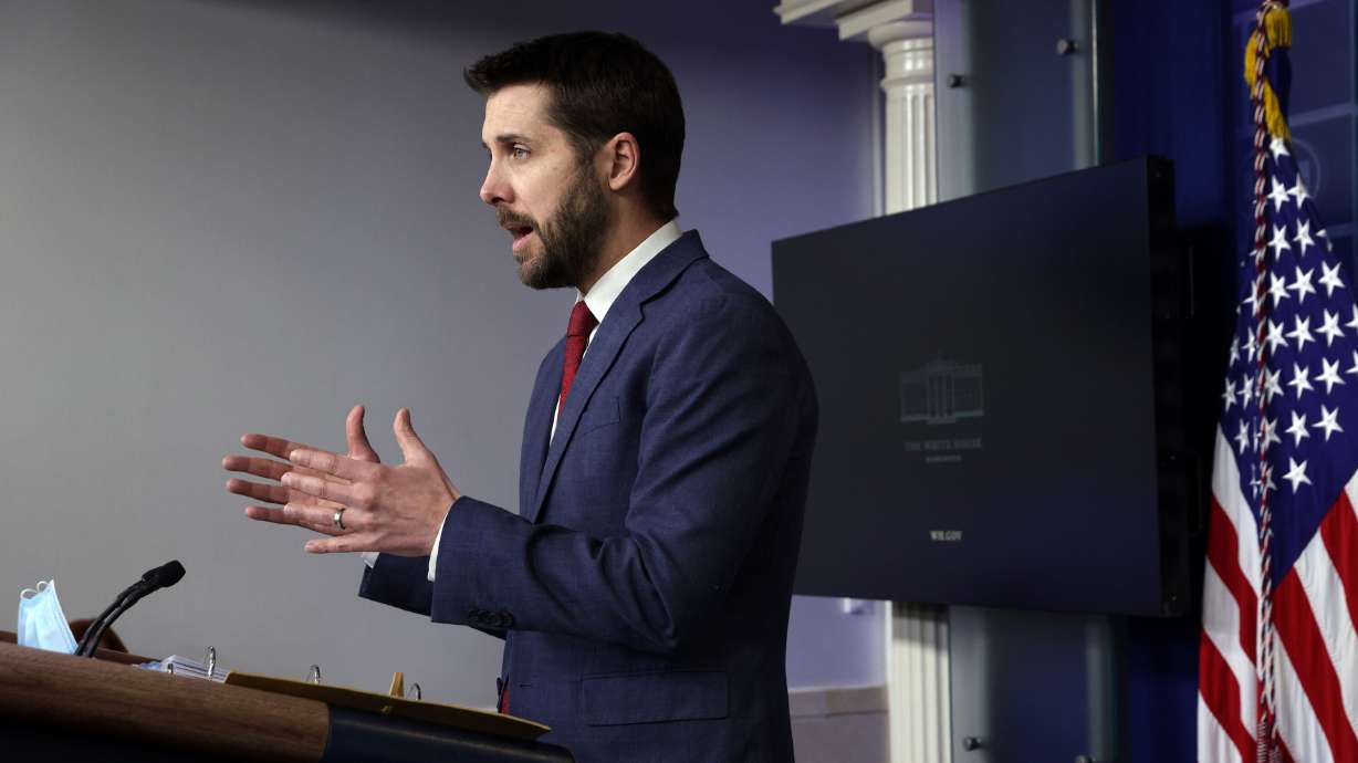National Economic Council Director Brian Deese speaks during a White House news briefing in January 2021. President Joe Biden's advisers are downplaying recession fears ahead of a highly anticipated report that could show the economy shrinking.