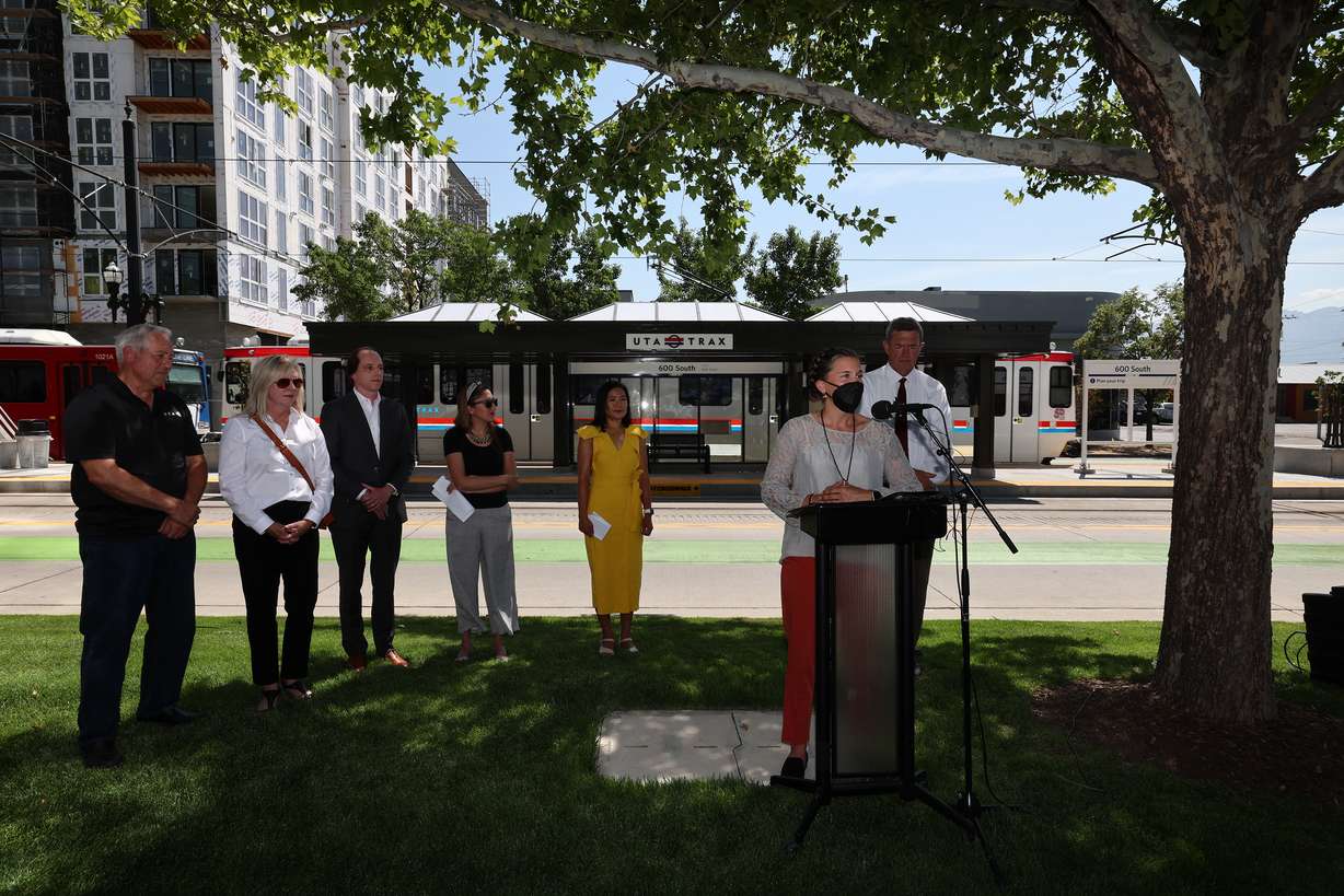 Salt Lake City Mayor Erin Mendenhall speaks at an event announcing the opening of a new Utah Transit Authority TRAX station at 600 S. Main Street in Salt Lake City on Tuesday.