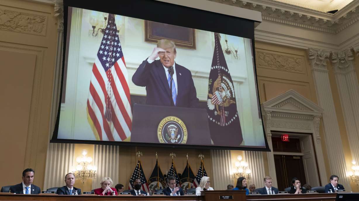 A video presentation shows former President Donald Trump taping a video following the insurrection as the House select committee investigating the Jan. 6 attack on the U.S. Capitol holds a hearing at the Capitol in Washington on July 21.