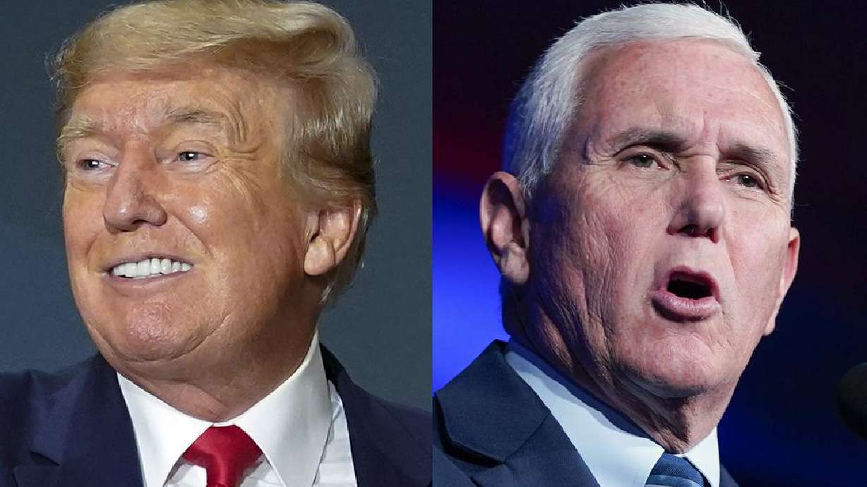 In this combination of images, former President Donald Trump and former Vice President Mike Pence speak at different events in Washington, Tuesday. The intensifying rivalry between Trump and his once fiercely loyal vice president, Pence, was put on stark display Tuesday as the two gave dueling speeches in Washington on the future of the Republican Party.