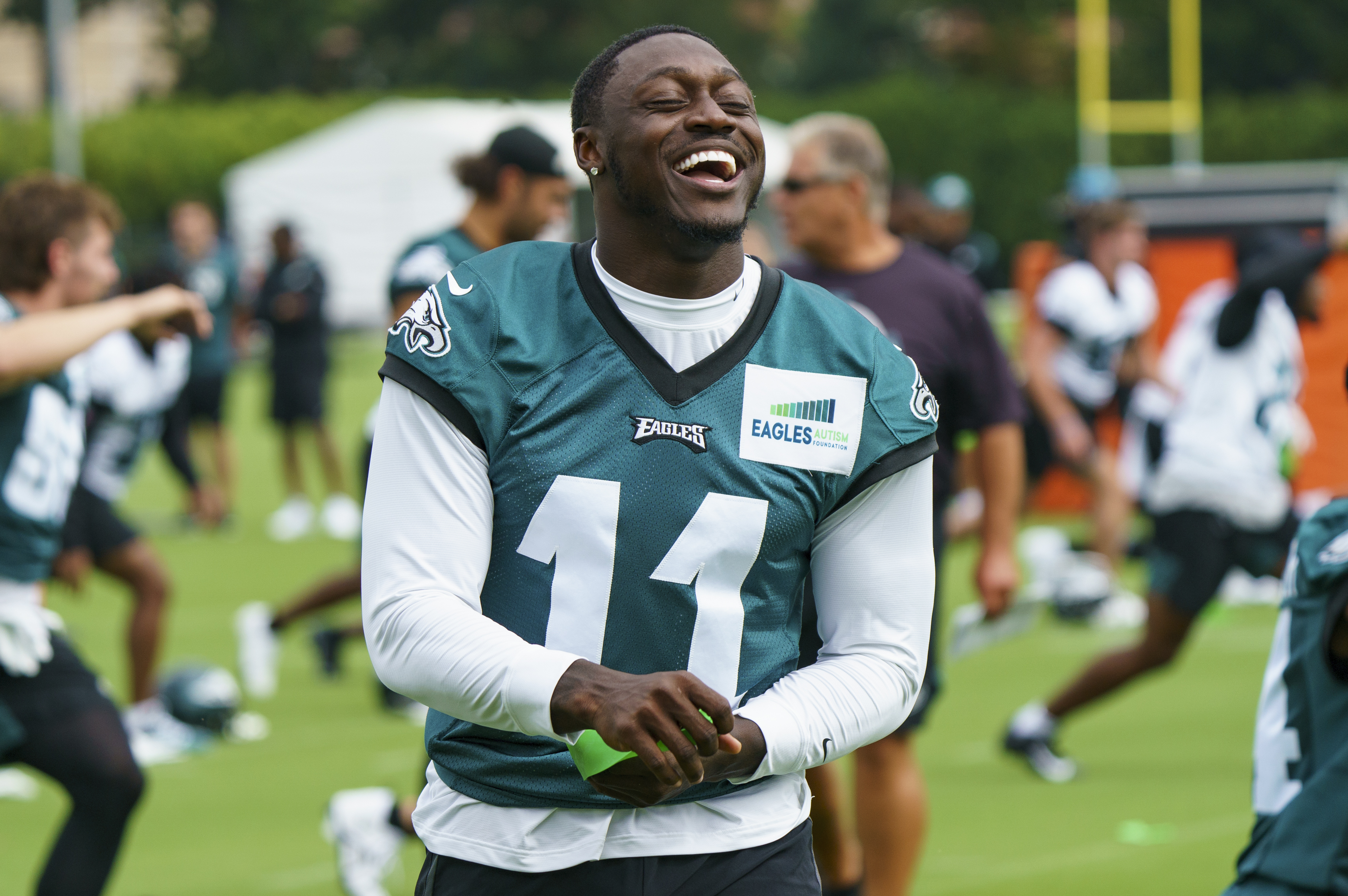 Philadelphia Eagles' A.J. Brown laughs during practice at the NFL football team's training camp, Wednesday, July 27, 2022, in Philadelphia. 
