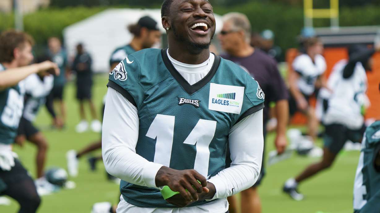 Philadelphia Eagles' A.J. Brown laughs during practice at the NFL football team's training camp, Wednesday, July 27, 2022, in Philadelphia.