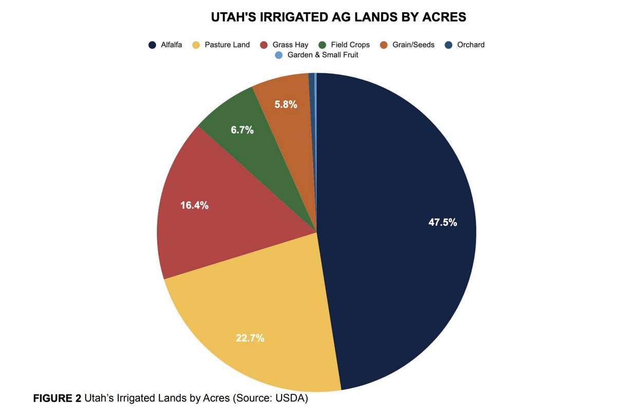This graphic, created by the Governor's Office of Planning and Budget, shows the percentage of land used for every agricultural product grown in the state. Alfalfa (47.5%) has the largest share of land use that is irrigated.