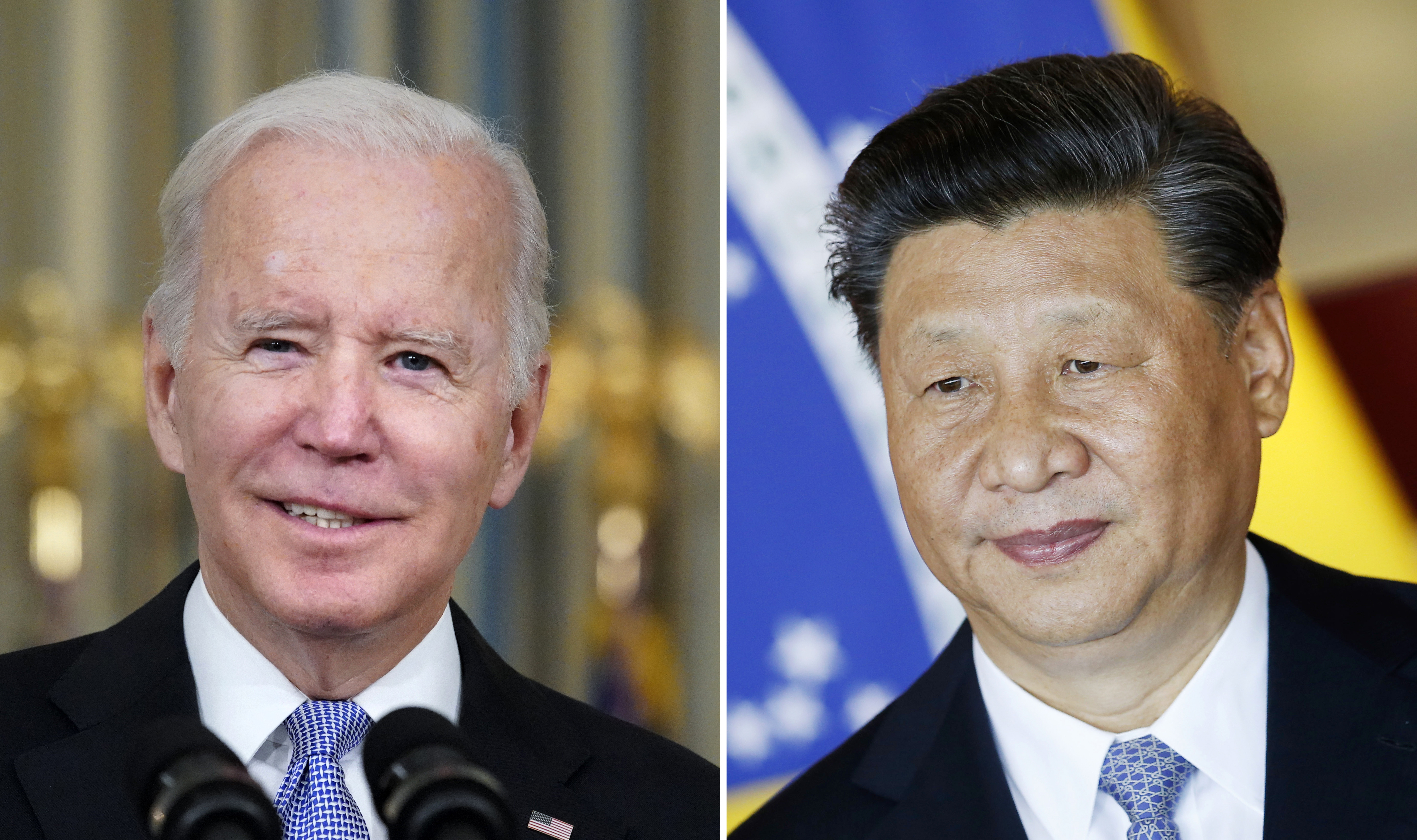 This combination image shows U.S. President Joe Biden in Washington, Nov. 6, 2021, and China's President Xi Jinping in Brasília, Brazil, Nov. 13, 2019. The presidents spoke by phone for more than two hours Thursday.