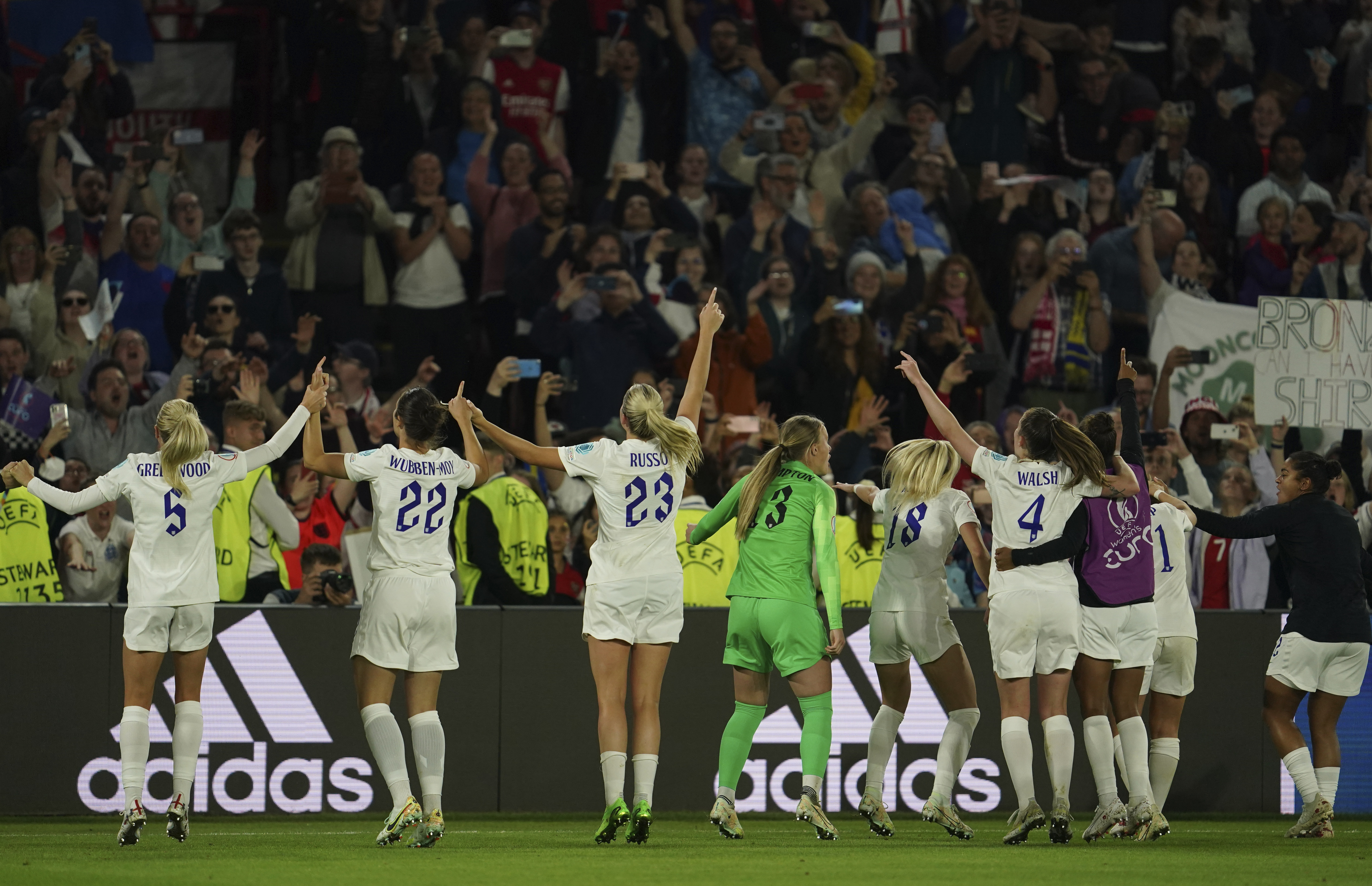 England players celebrate at the end of the Women Euro 2022 semi final soccer match between England and Sweden at Bramall Lane Stadium in Sheffield, England, Tuesday, July 26, 2022. 