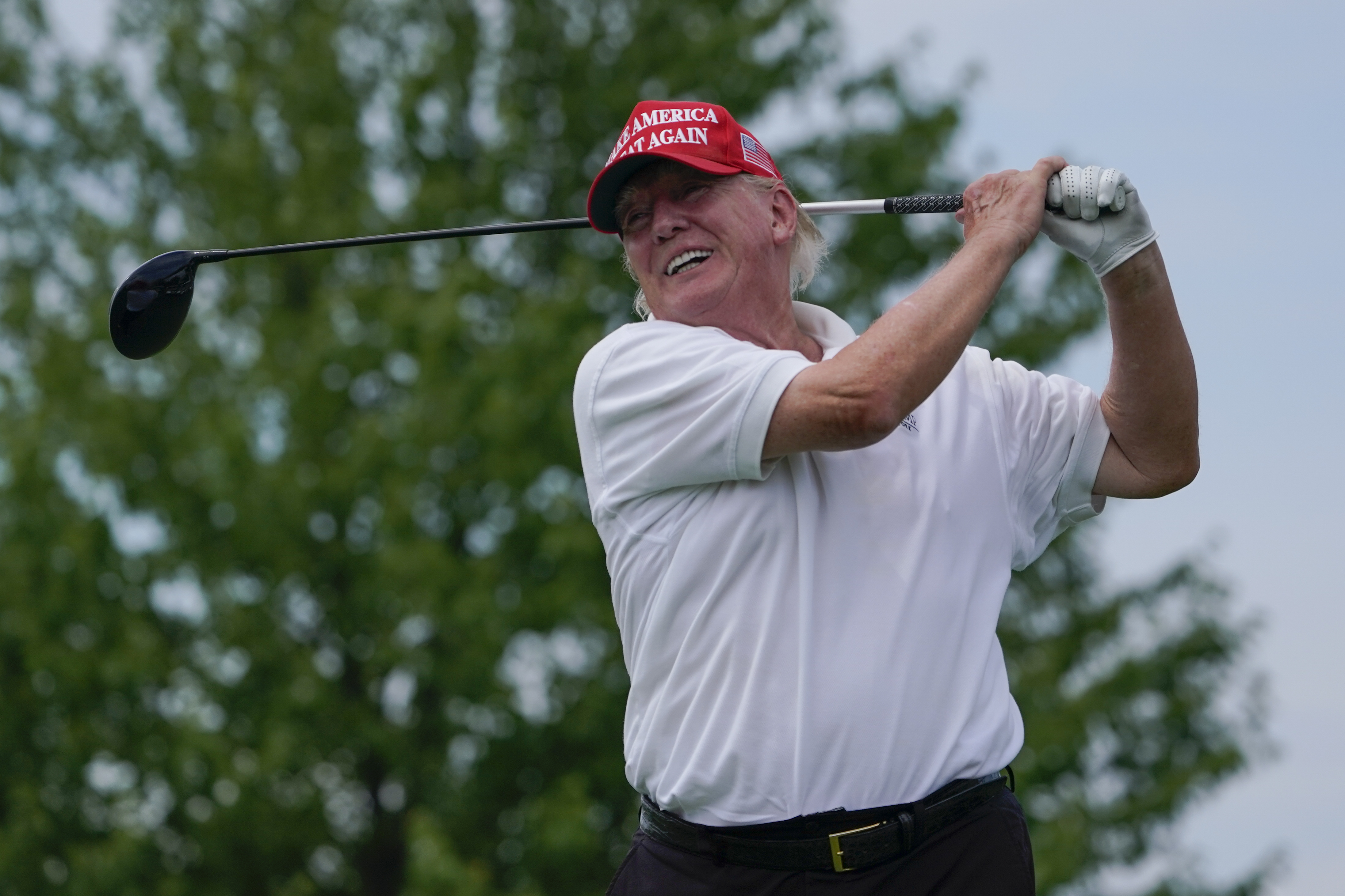 Former President Donald Trump plays during the pro-am round of the Bedminster Invitational LIV Golf tournament in Bedminster, NJ., Thursday, July 28, 2022. 