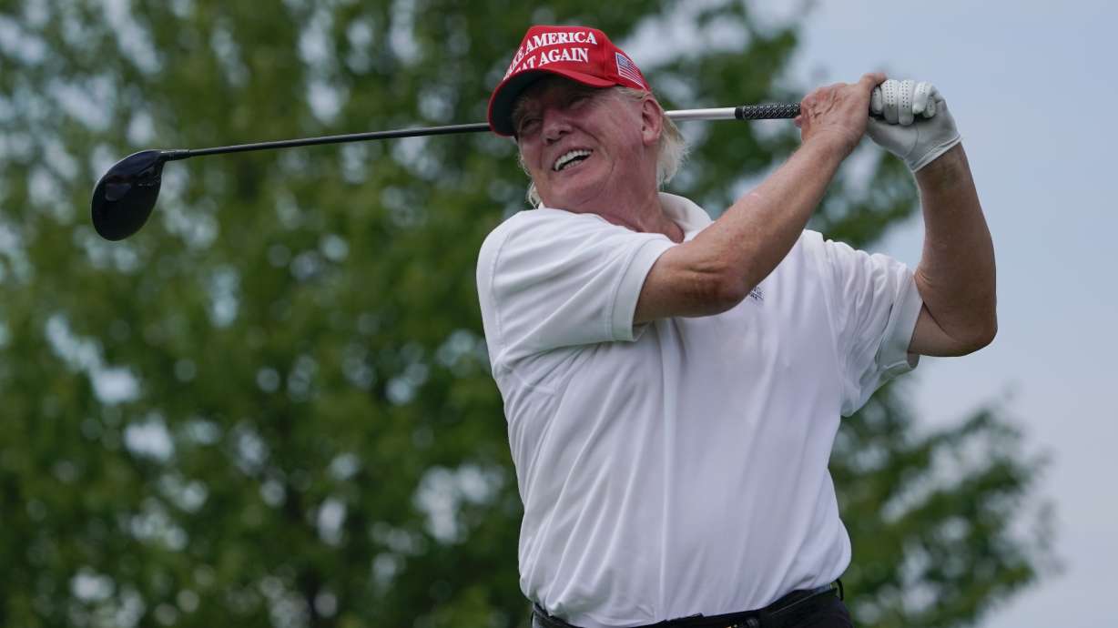 Former President Donald Trump plays during the pro-am round of the Bedminster Invitational LIV Golf tournament in Bedminster, NJ., Thursday, July 28, 2022.