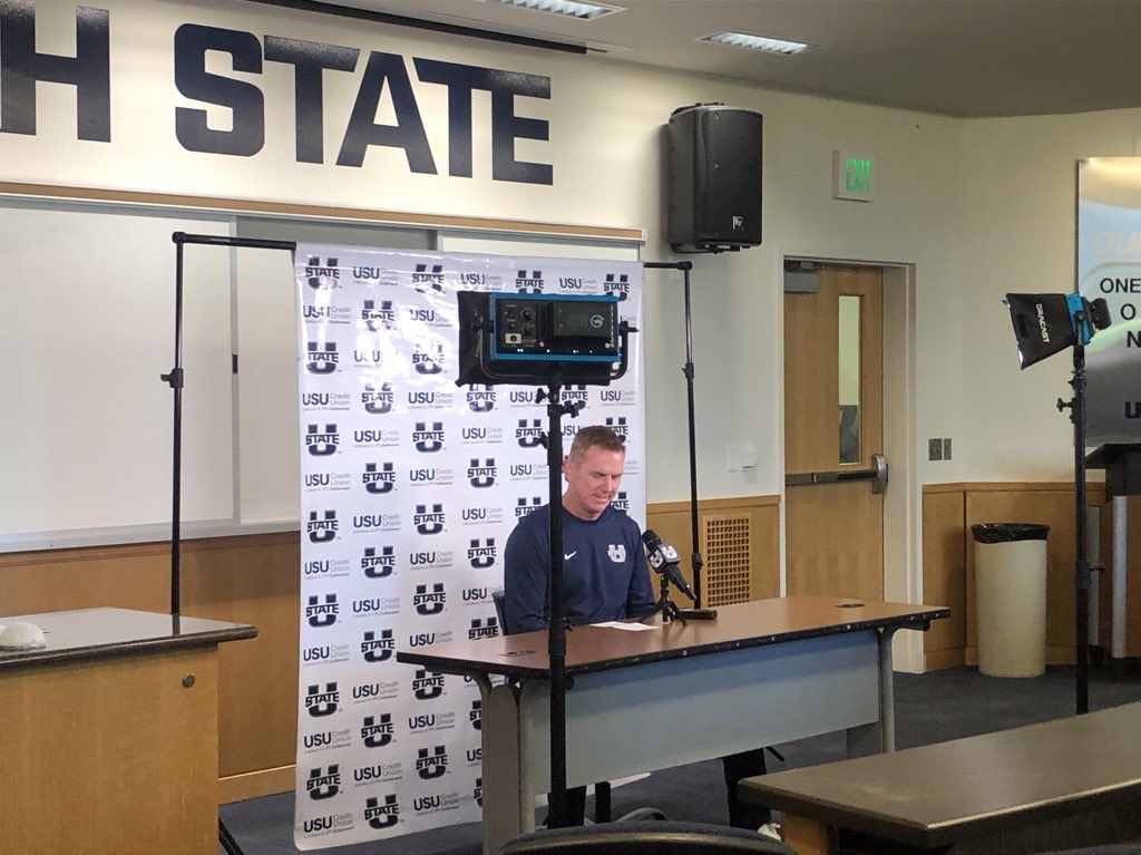 Utah State head coach Blake Anderson holds a press conference with local media ahead of the program's first day of practices.