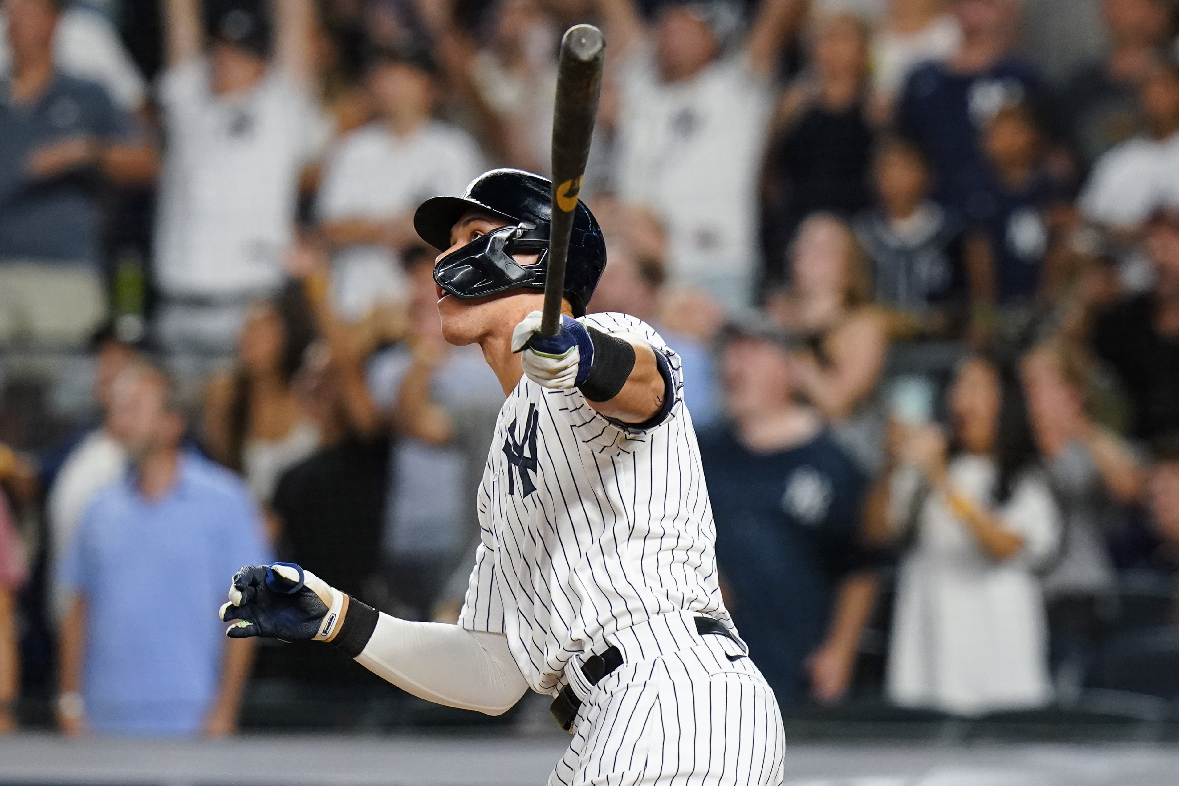 New York Yankees' Aaron Judge watches his game-ending home run during the ninth inning of the team's baseball game against the Kansas City Royals on Thursday, July 28, 2022, in New York. The Yankees won 1-0. 