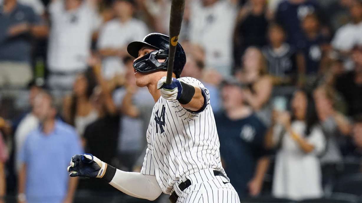 New York Yankees' Aaron Judge watches his game-ending home run during the ninth inning of the team's baseball game against the Kansas City Royals on Thursday, July 28, 2022, in New York. The Yankees won 1-0.