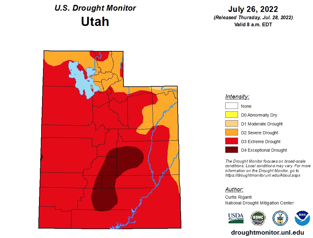 This map shows drought conditions across Utah as of Tuesday. Nearly 84% of Utah is listed in at least extreme drought.