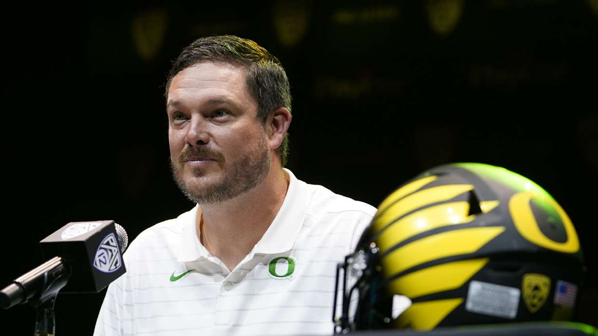 Oregon head coach Dan Lanning speaks during Pac-12 Conference men's NCAA college football media day Friday, July 29, 2022, in Los Angeles.