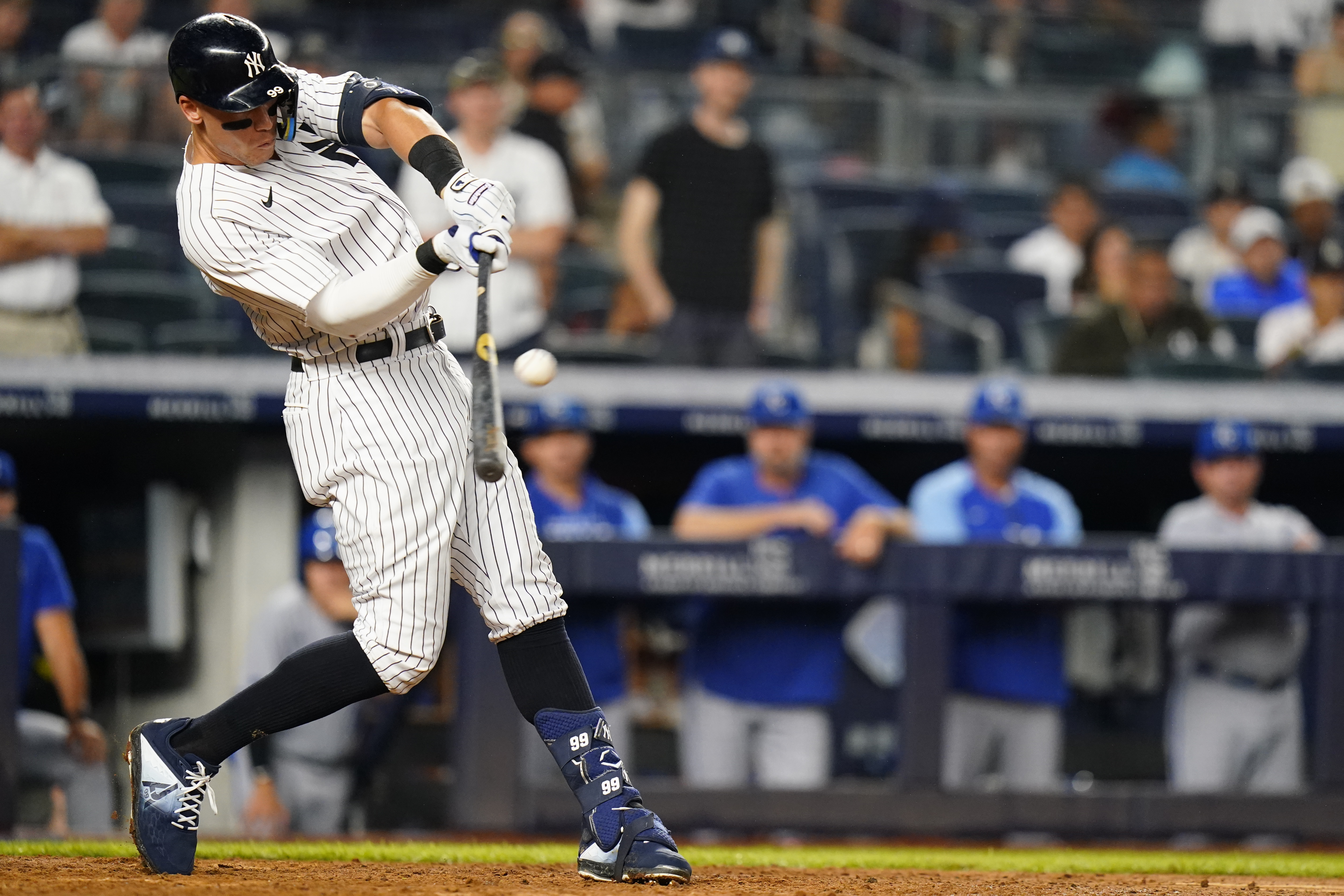 New York Yankees' Aaron Judge hits a grand slam during the eighth inning of a baseball game against the Kansas City Royals, Friday, July 29, 2022, in New York.
