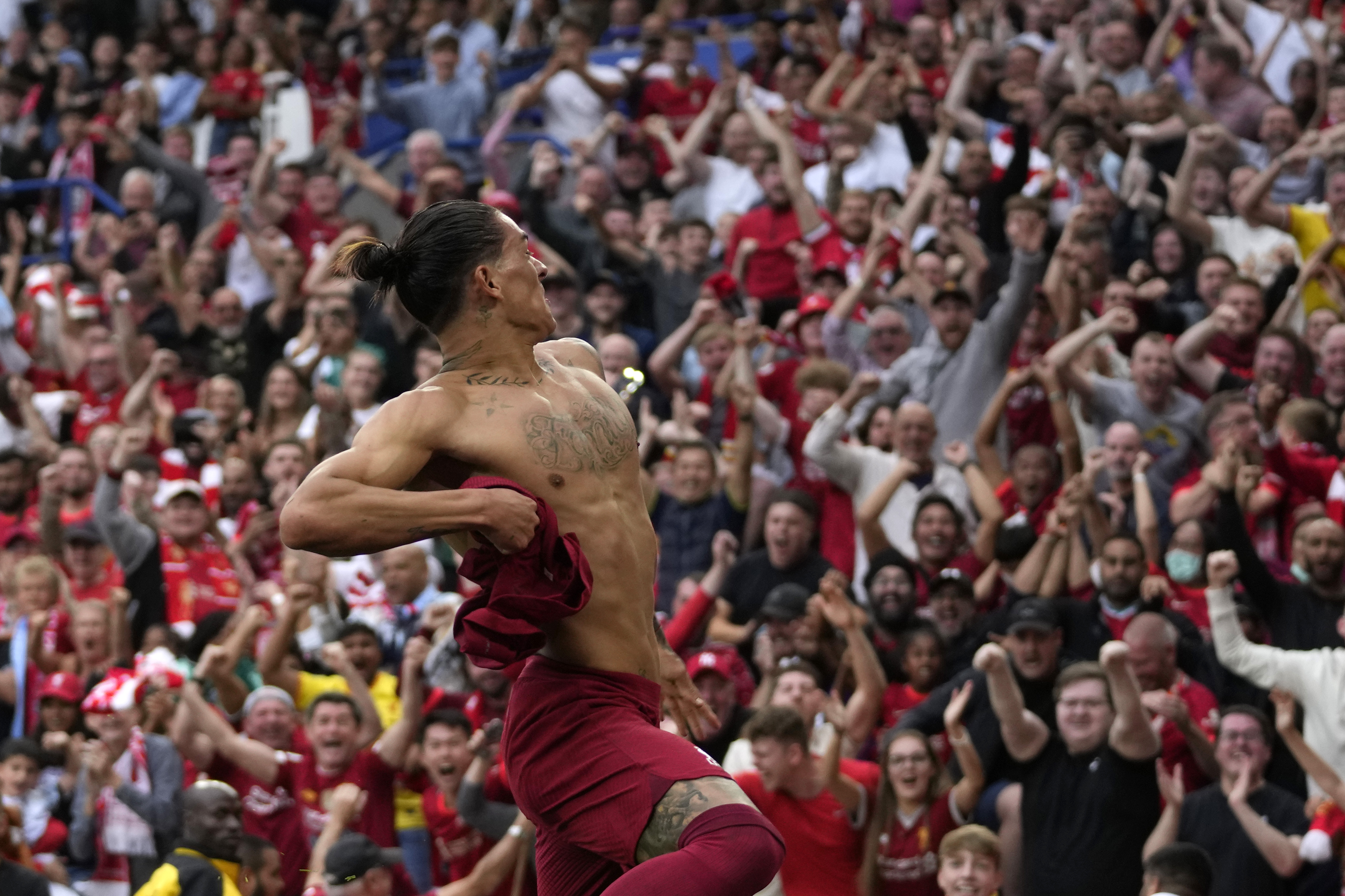 Liverpool's Darwin Nunez celebrates after scoring his side's third goal during the FA Community Shield soccer match between Liverpool and Manchester City at the King Power Stadium in Leicester, England, Saturday, July 30, 2022. 