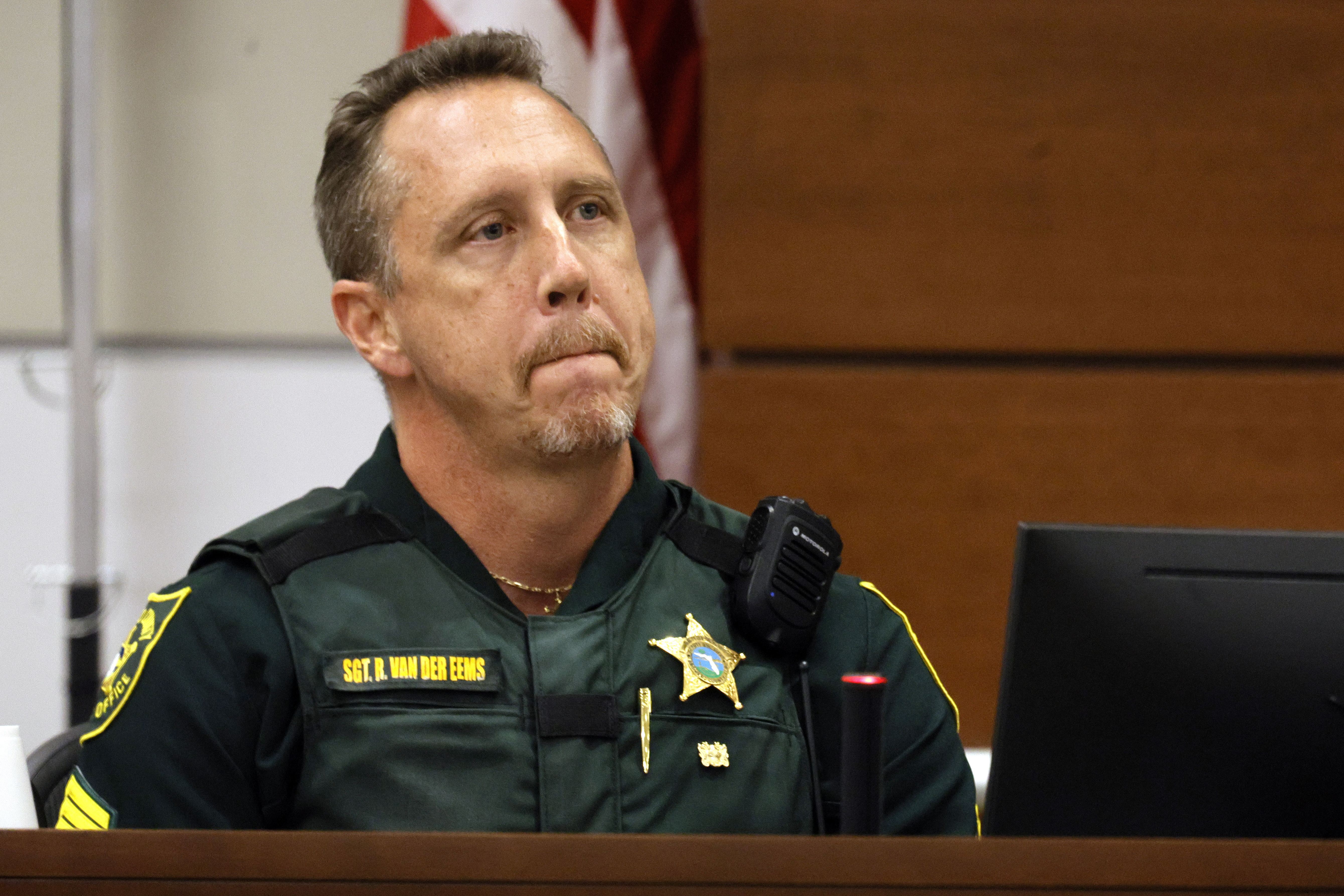 Broward Sheriff's Office Sgt. Richard Van Der Eems describes the scene he encountered at the school after the mass shooting as he testifies during the penalty phase trial of Marjory Stoneman Douglas High School shooter Nikolas Cruz, Friday, July 22, at the Broward County Courthouse in Fort Lauderdale, Fla. 