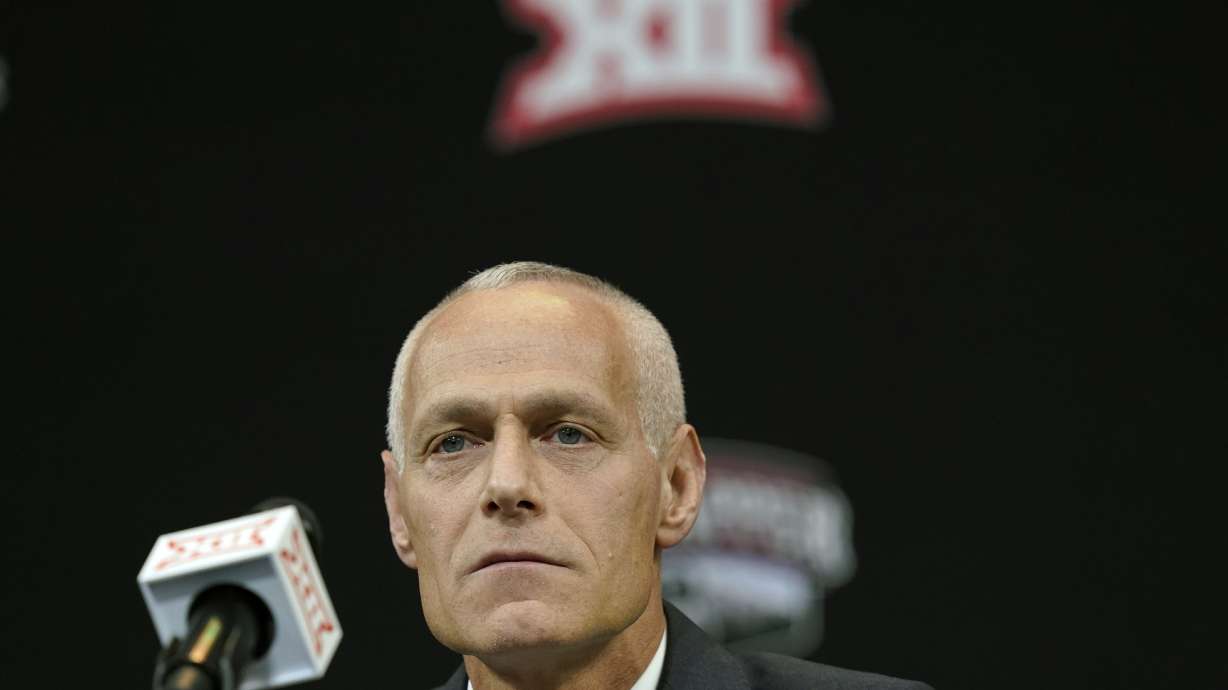 Incoming Big 12 Commissioner Brett Yormark listens during a news conference opening the NCAA college football Big 12 media days in Arlington, Texas, July 13, 2022. Yormark has been learning NCAA issues in real time during a period of sweeping change and uncertainty.
