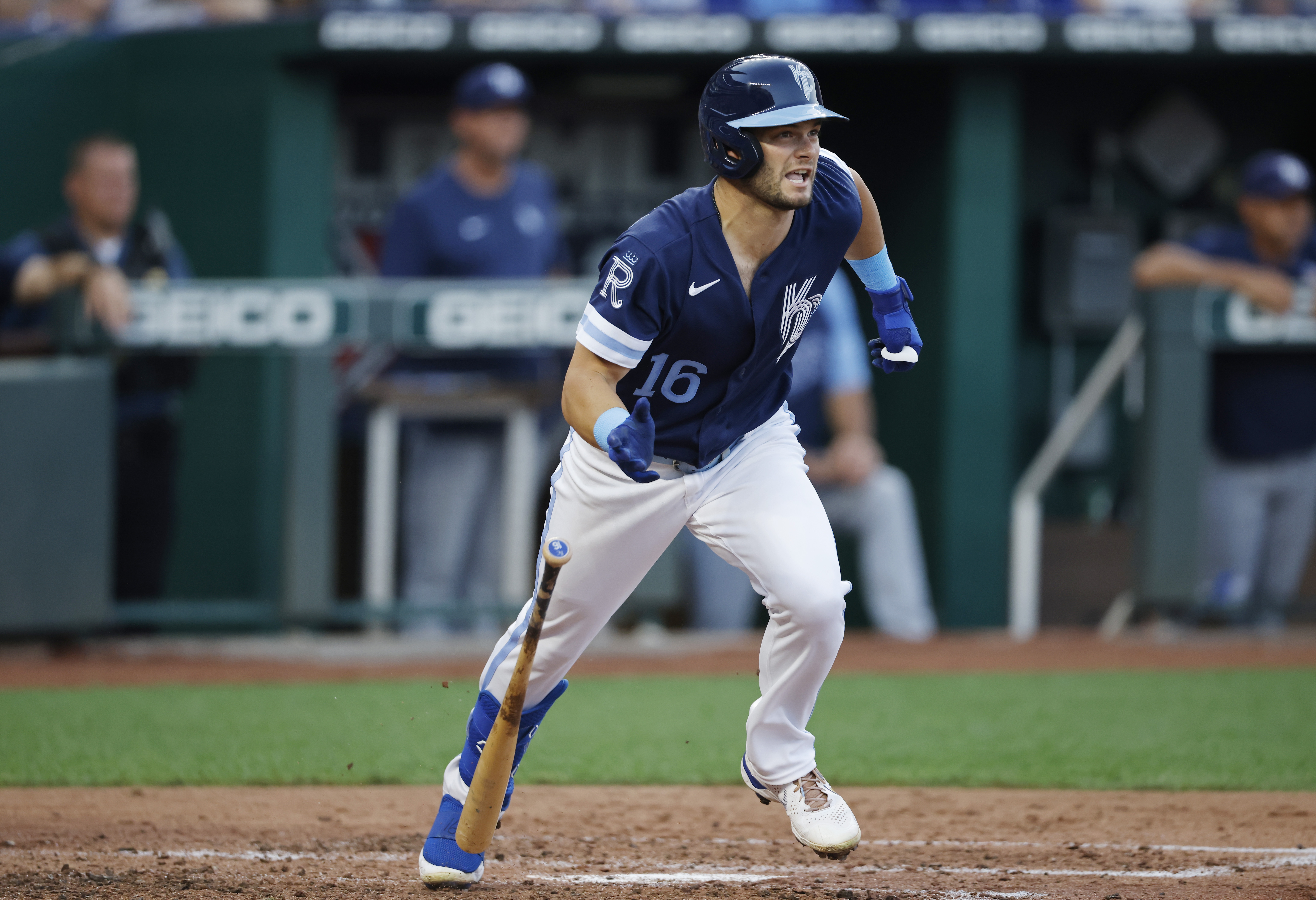 Kansas City Royals' Andrew Benintendi leaves the batter's box on an RBI single during the third inning of the team's baseball game against the Tampa Bay Rays in Kansas City, Mo., Friday, July 22, 2022. 