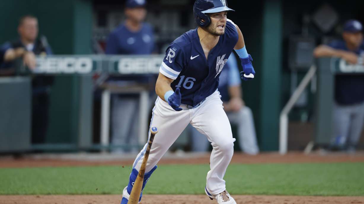 Kansas City Royals' Andrew Benintendi leaves the batter's box on an RBI single during the third inning of the team's baseball game against the Tampa Bay Rays in Kansas City, Mo., Friday, July 22, 2022.