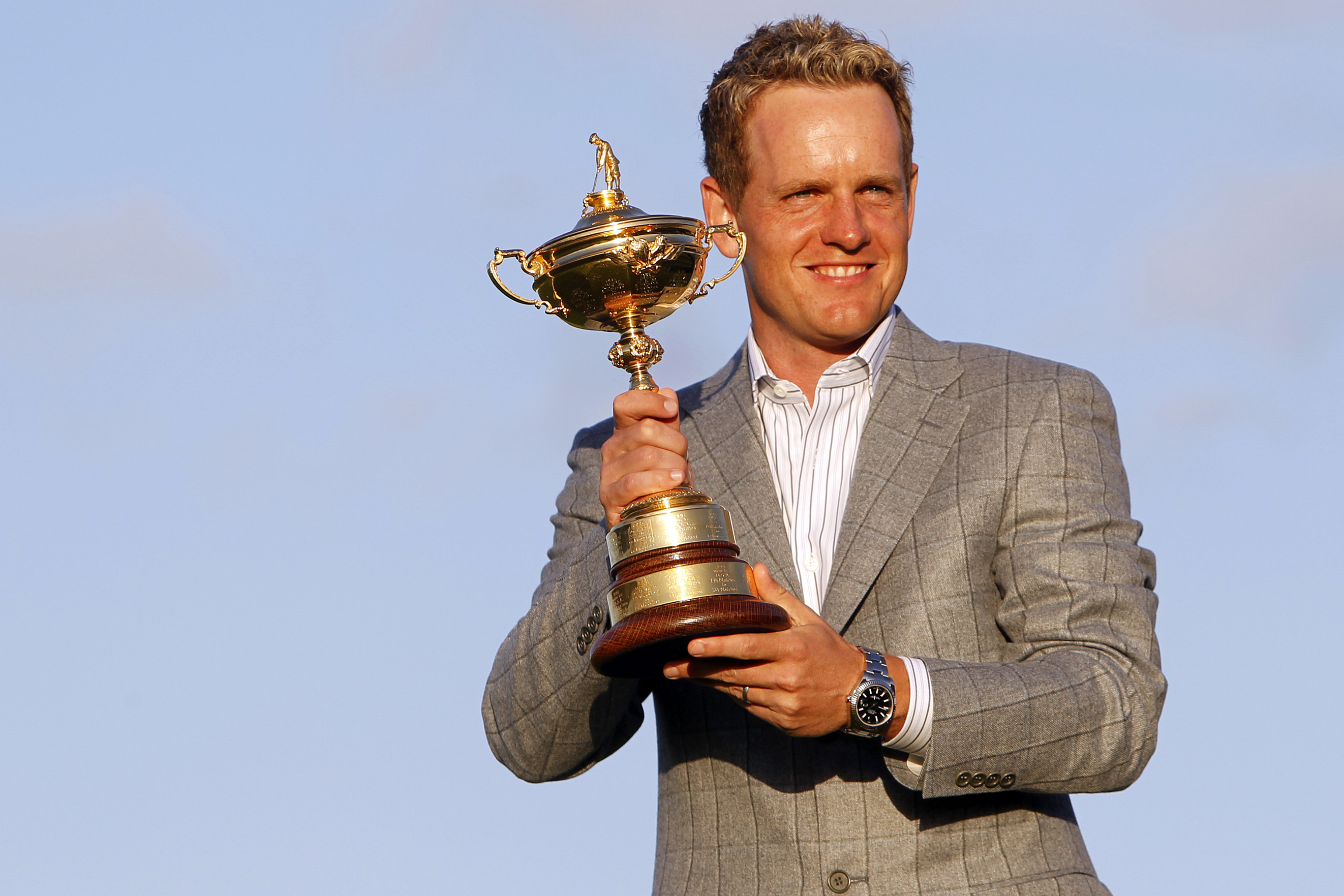 FILE - Europe's Luke Donald holds the Ryder Cup after Europe defeated the United States on the final day of the 2010 Ryder Cup golf matches at the Celtic Manor Resort in Newport, Wales, on Oct. 4, 2010. Donald has been selected Ryder Cup captain for Europe, taking over for Henrik Stenson after the Swede was stripped of the job for signing on with the Saudi-funded LIV Golf series. 