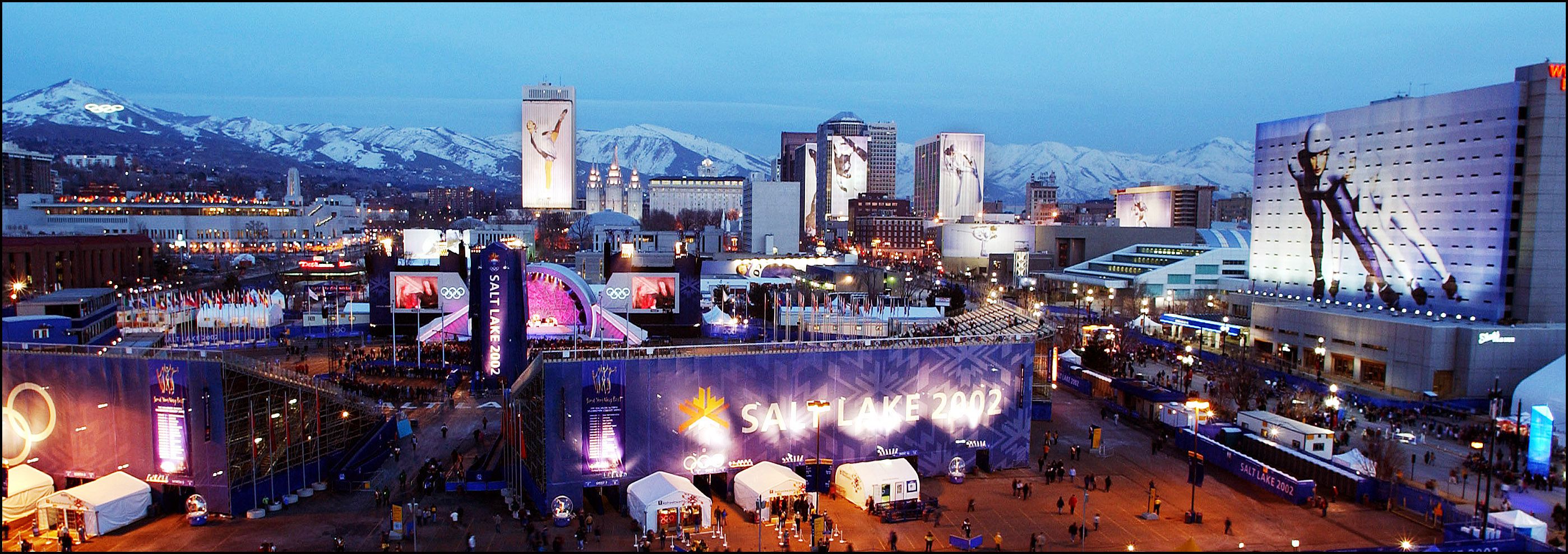 The Salt Lake City skyline is pictured during the 2002 Winter Olympic Games on Feb. 21, 2002. Nearly 8 in 10 Utahns would like to see another Olympics in the state.