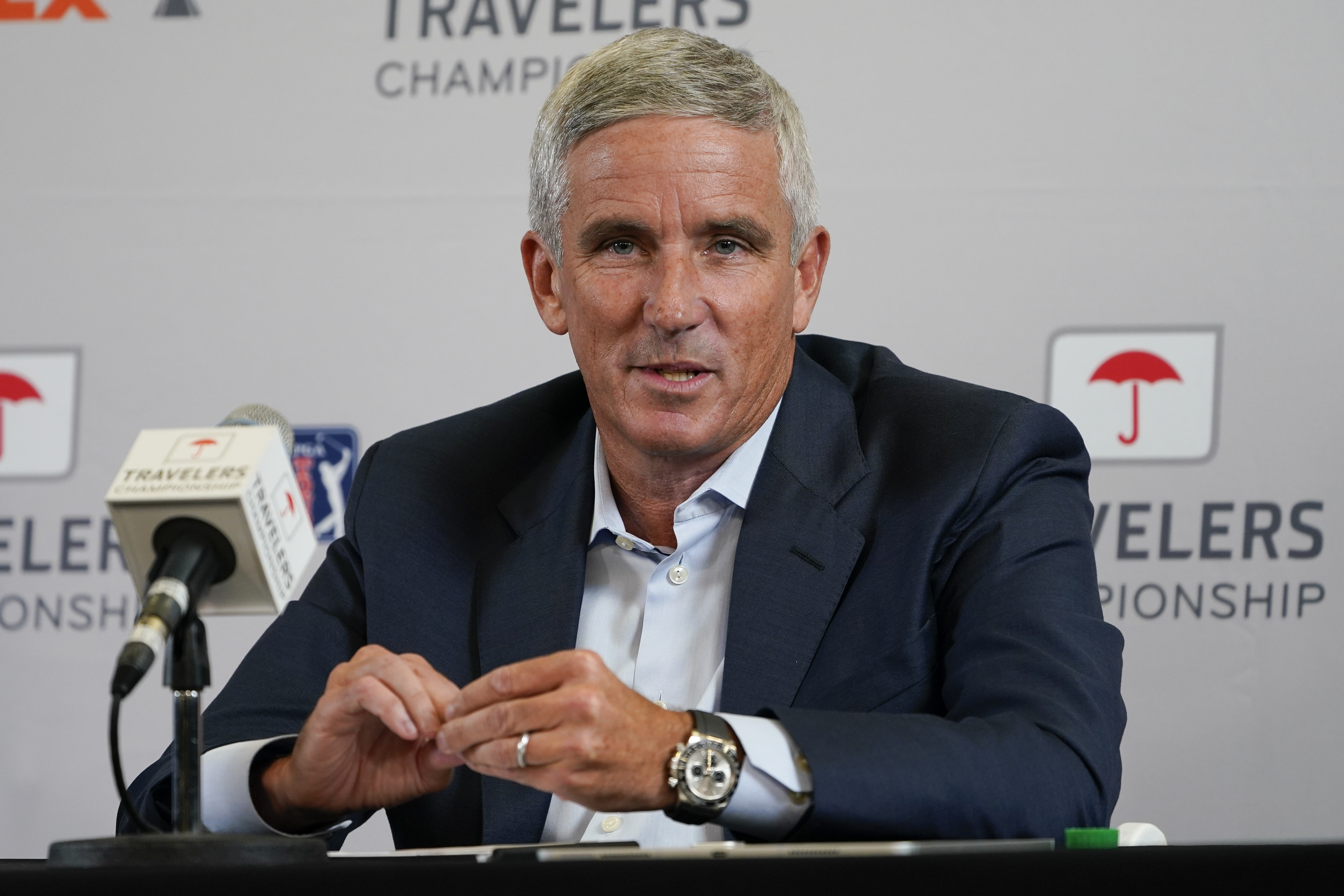 FILE - PGA Tour Commissioner Jay Monahan speaks during a news conference before the Travelers Championship golf tournament at TPC River Highlands, on June 22, 2022, in Cromwell, Conn. The PGA Tour is closing in on $500 million in prize money for next season, with eight tournaments offering $15 million or more and limited spots available for the postseason.
