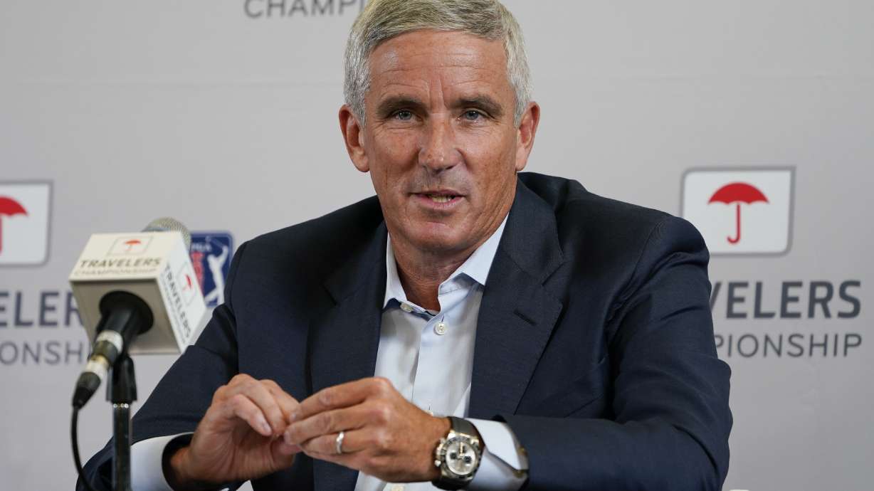 FILE - PGA Tour Commissioner Jay Monahan speaks during a news conference before the Travelers Championship golf tournament at TPC River Highlands, on June 22, 2022, in Cromwell, Conn. The PGA Tour is closing in on $500 million in prize money for next season, with eight tournaments offering $15 million or more and limited spots available for the postseason.