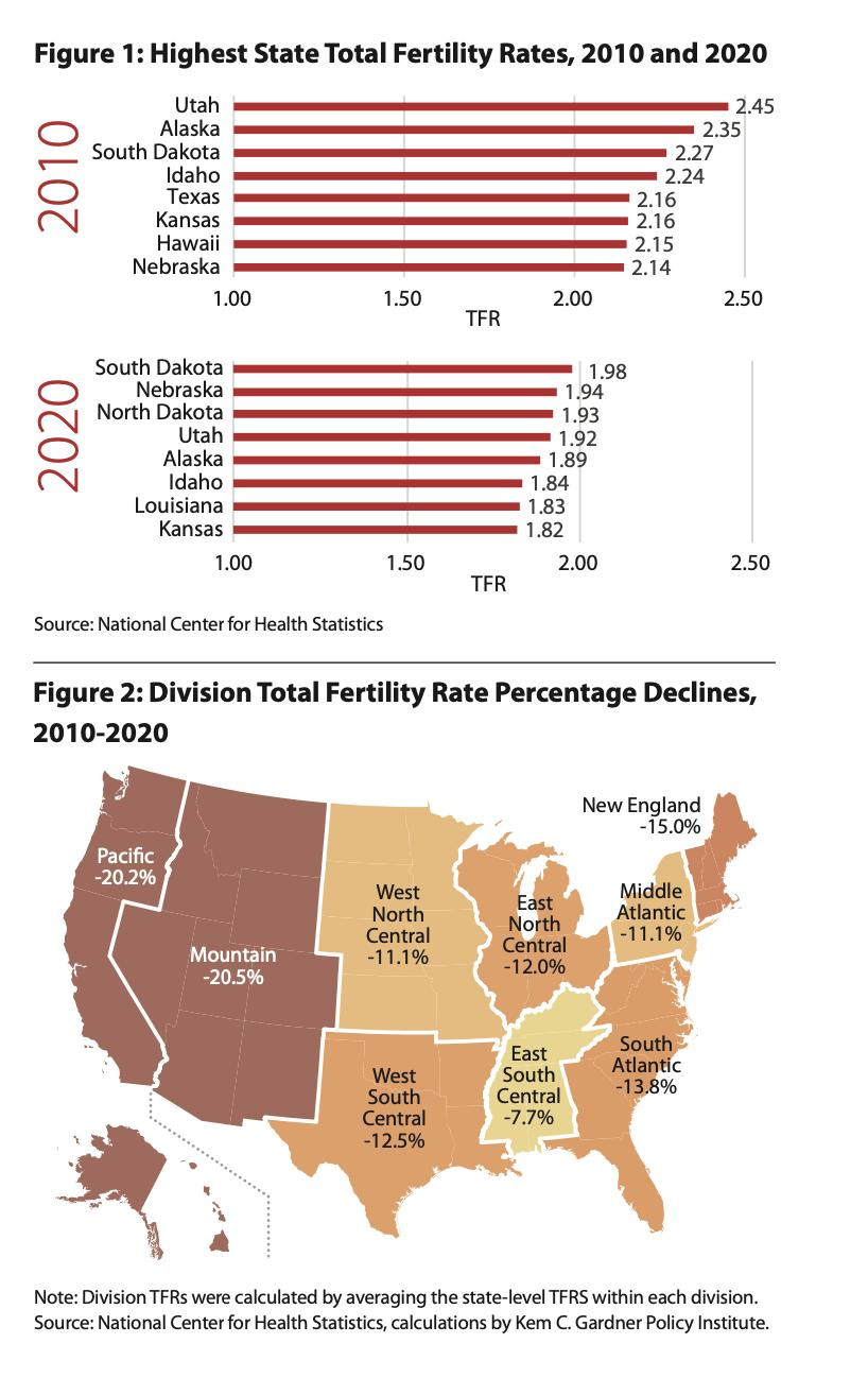 Total fertility rates were calculated by averaging the state-level TFRS within each division.