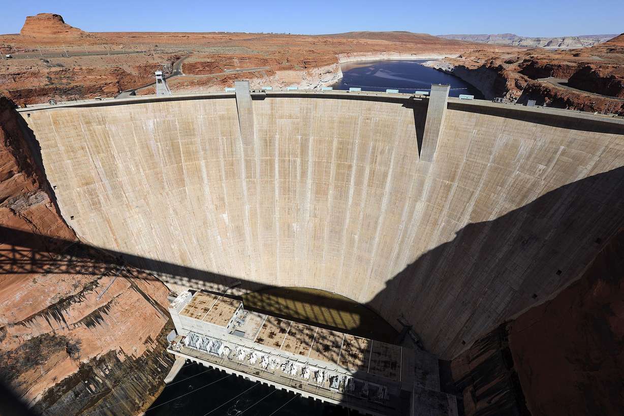 The Glen Canyon Dam is pictured in Page, Arizona, on March 28, 2021. The Dam blocks off Lake Powell’s waters for Southern California to use.