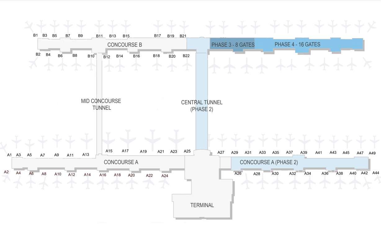 This map shows the central tunnel's location in relation to Concourse A and Concourse B at Salt Lake City International Airport. The tunnel is expected to be open in October 2024.